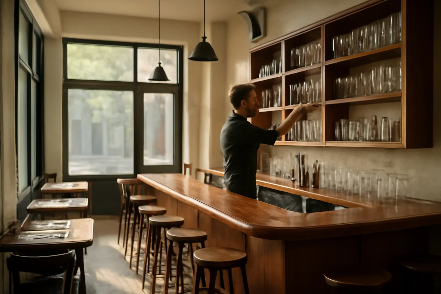 Bartender arranging glassware at a new restaurant bar before opening in Louisiana
