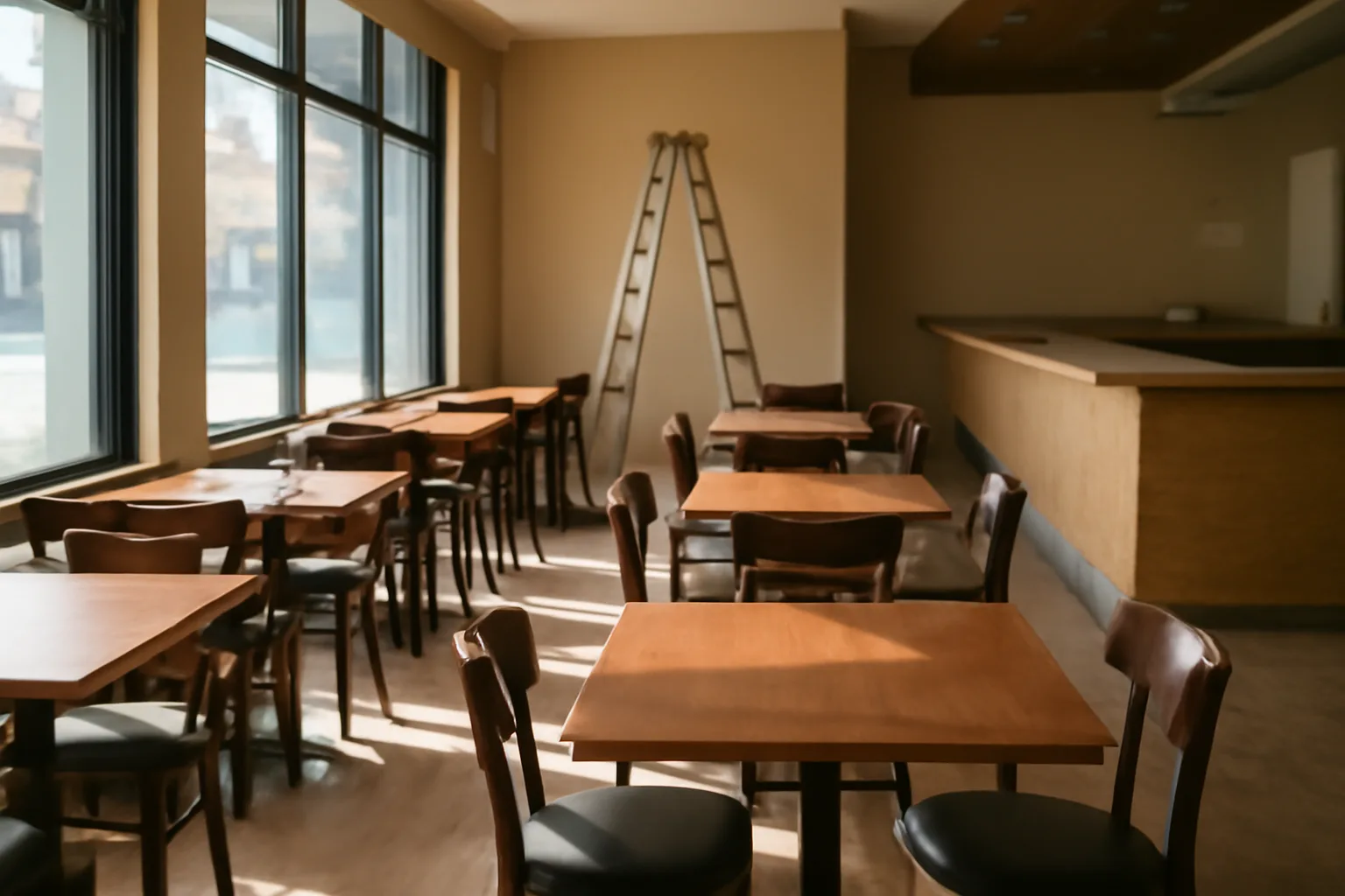 Empty restaurant under buildout with a bar counter, mid-license application phase