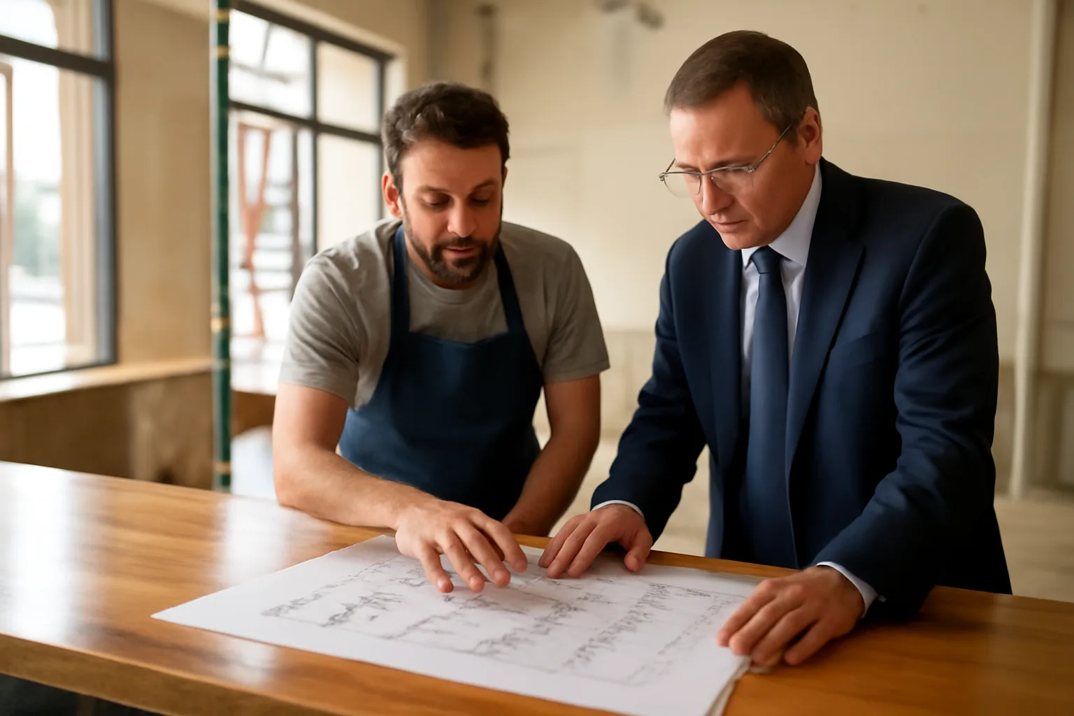 Restaurant owner reviewing floor plan with official before opening for liquor license approval