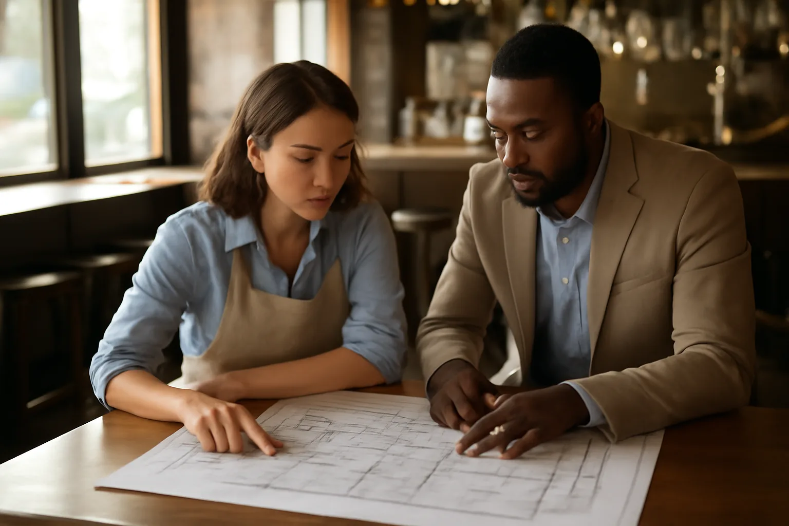 restaurant owner reviewing floor plan for a liquor license application at a bar counter