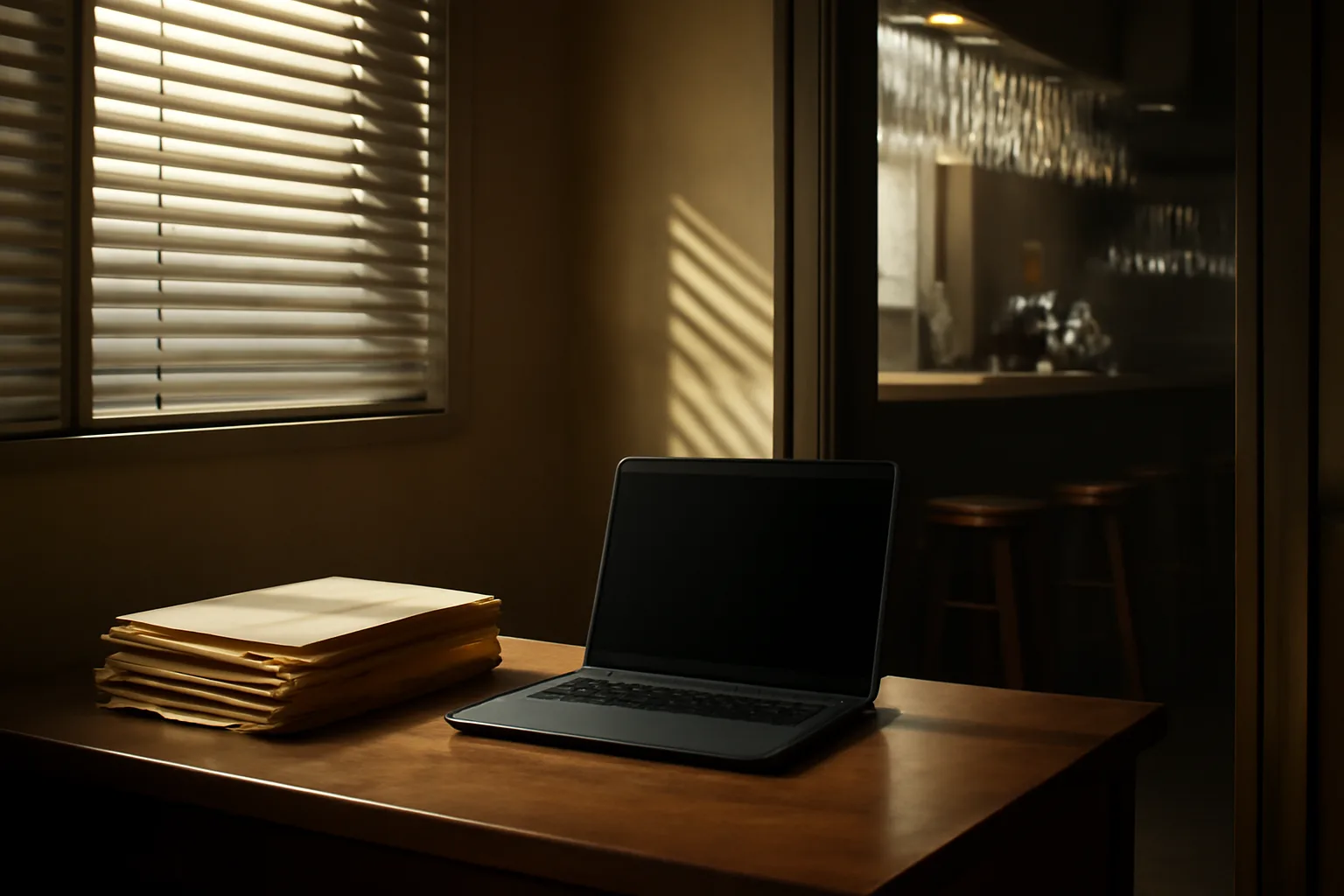 Bar owner's desk with folders and laptop while planning a liquor license application