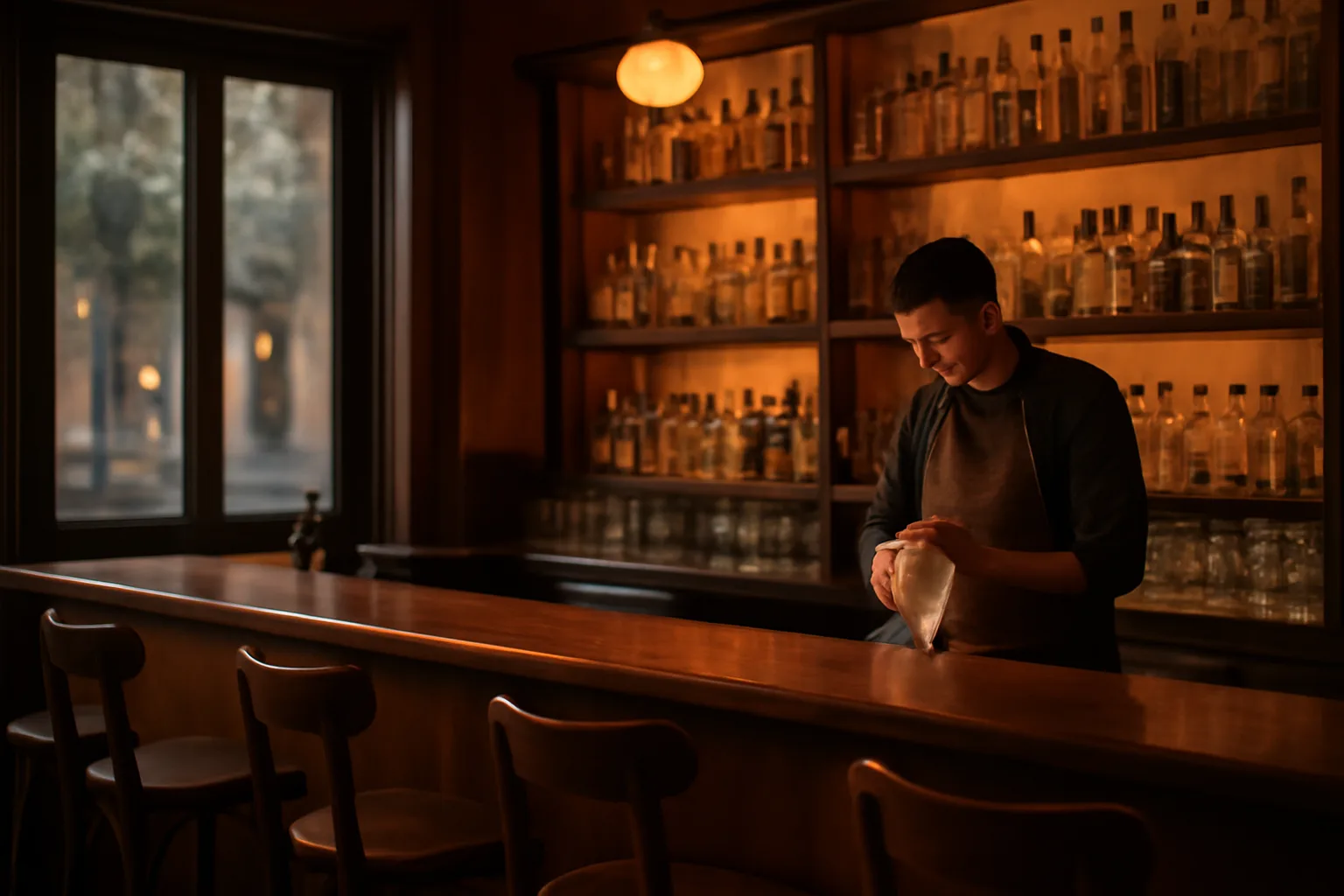 Bartender preparing a bar before opening, part of getting an Ohio liquor license