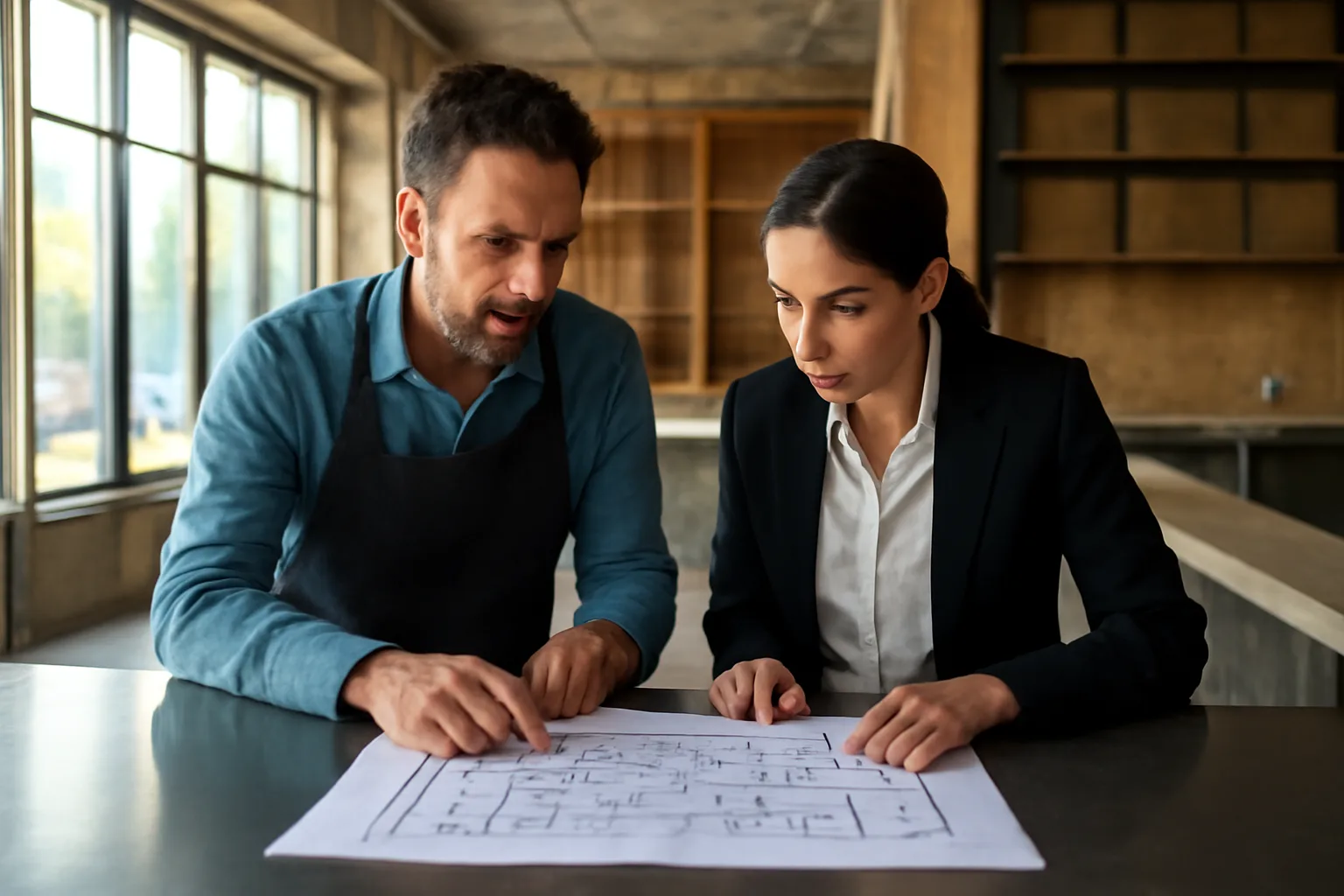 Restaurant owner reviewing floor plan documents for a liquor license at an empty bar counter