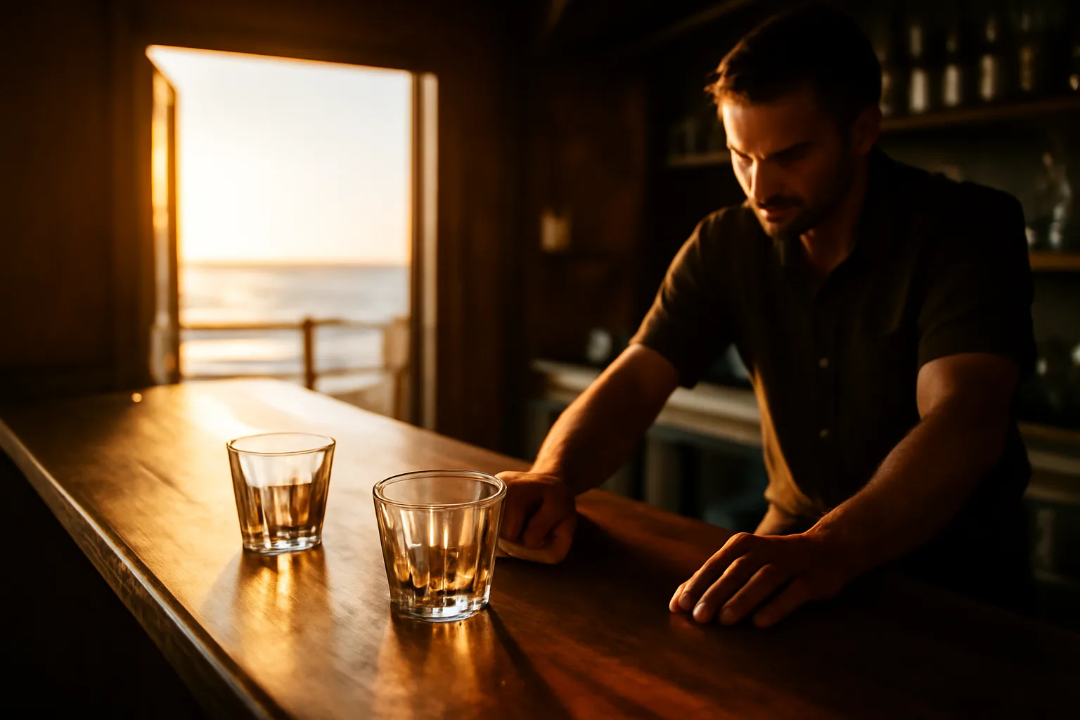 Bartender wiping down a coastal bar counter at sunset, no signage visible