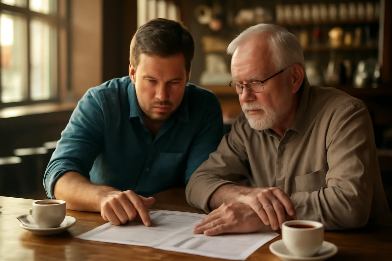 restaurant owner and advisor reviewing liquor license paperwork at a bar counter