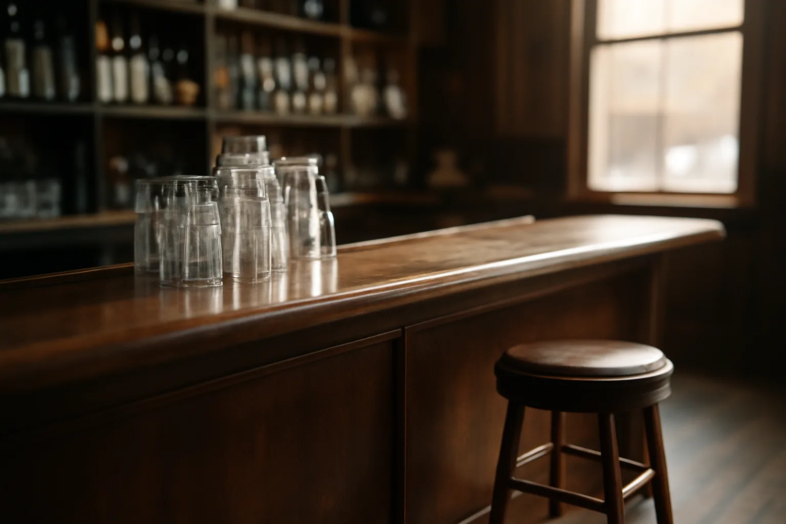 Empty neighborhood bar interior in daylight before a liquor license approval and opening