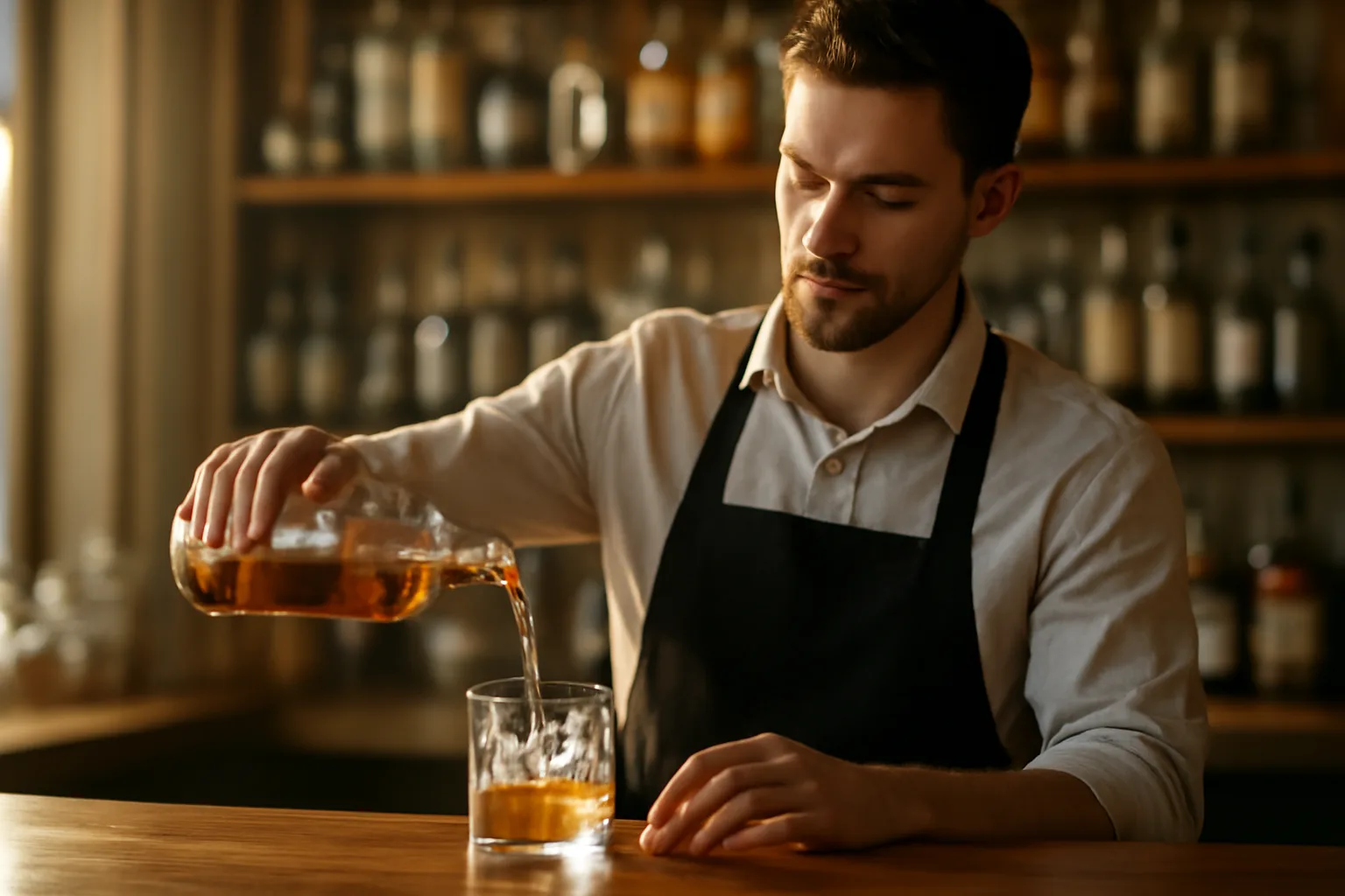 Bartender pouring a drink behind a bar during golden hour light