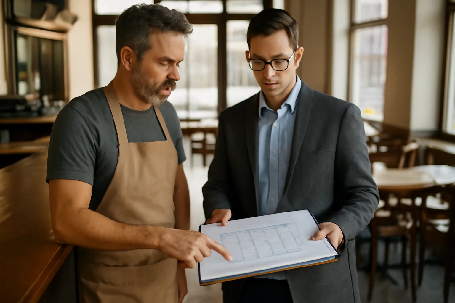restaurant owner discussing liquor license requirements with an official at a bar