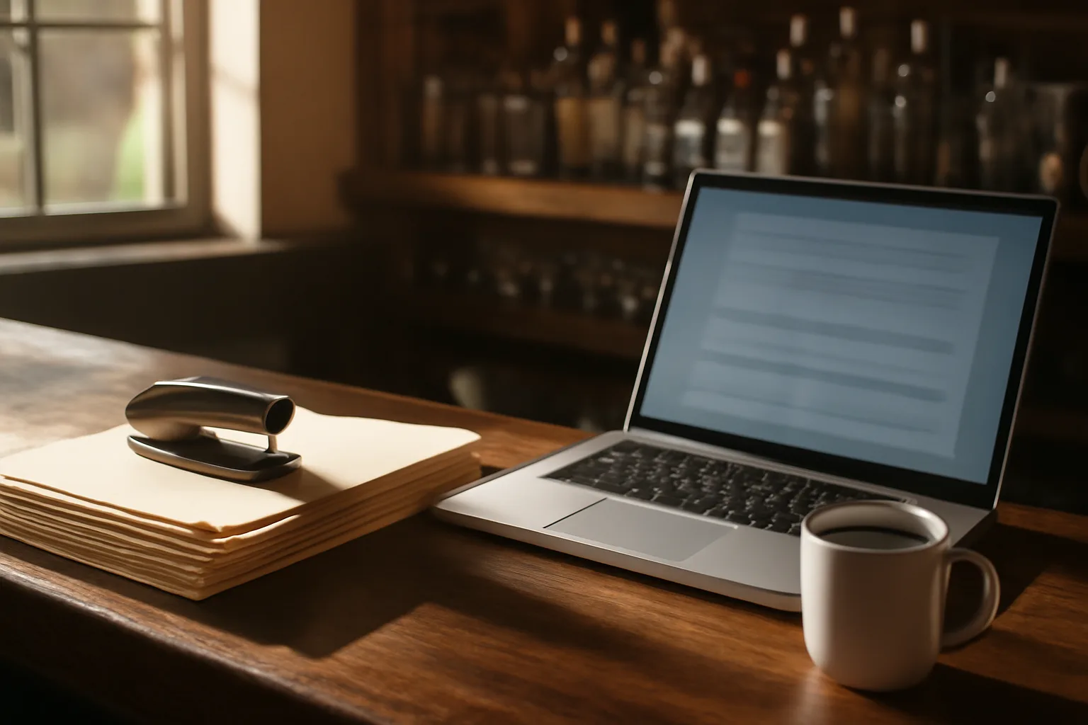 Desk with paperwork folders and laptop representing liquor license application preparation