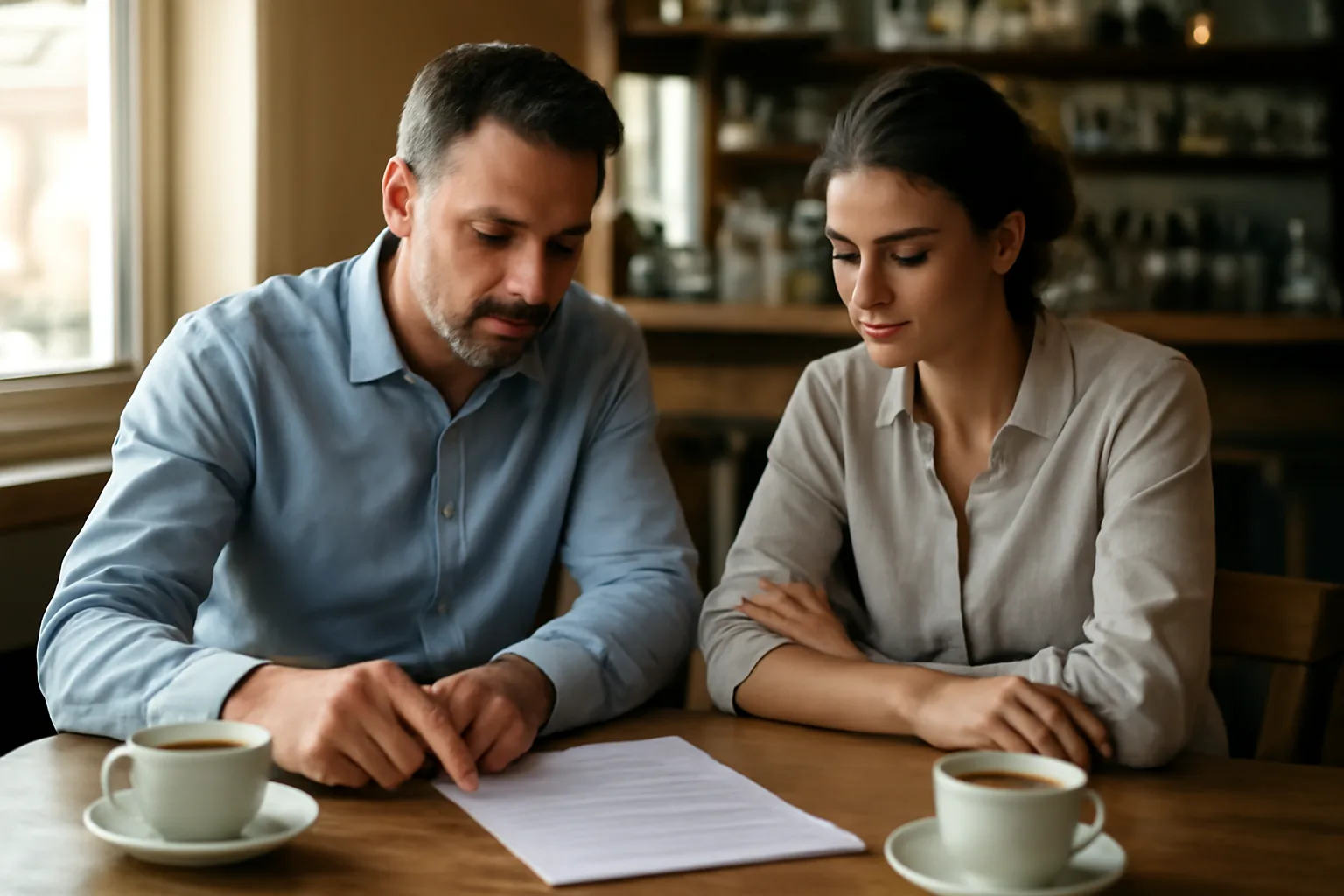 Restaurant owner and official reviewing liquor license paperwork at a bar counter