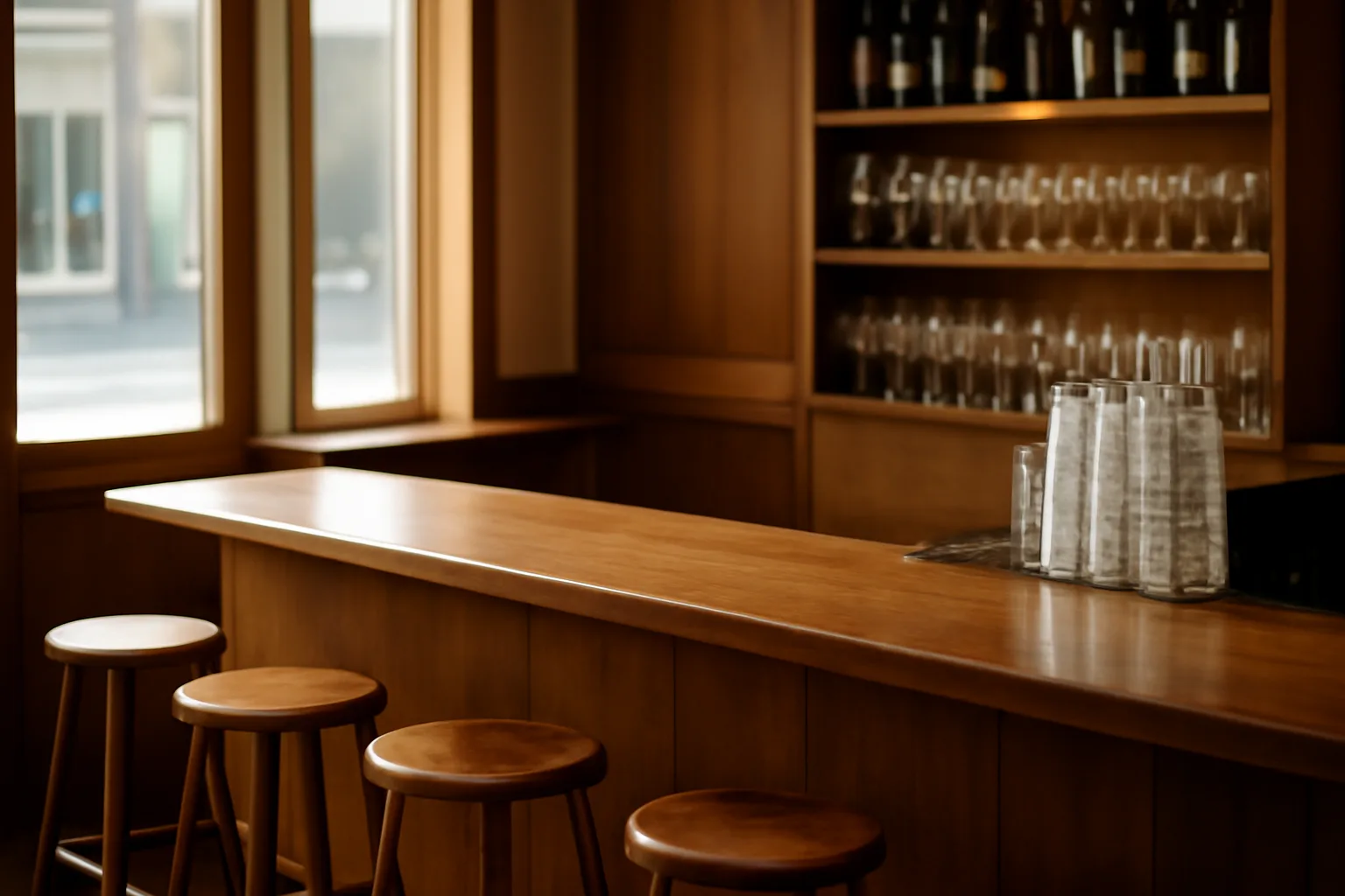 Empty restaurant bar counter in morning light before a liquor license opening