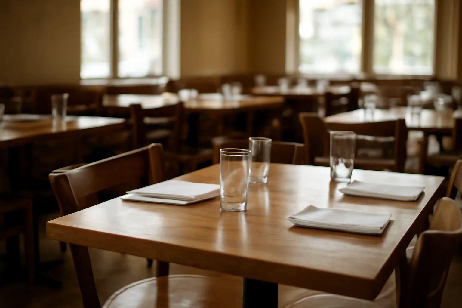 Sunlit restaurant dining room set with water glasses and no bar in sight