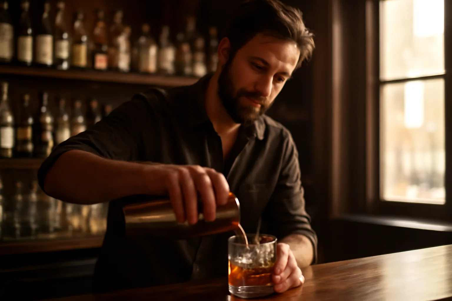 Bartender pouring a drink behind a bar counter in warm afternoon light