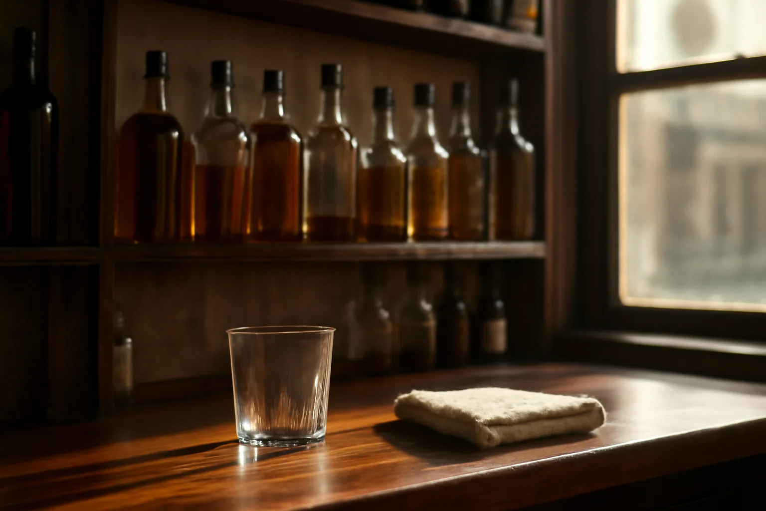 Bar shelf lined with spirits bottles catching afternoon light before opening