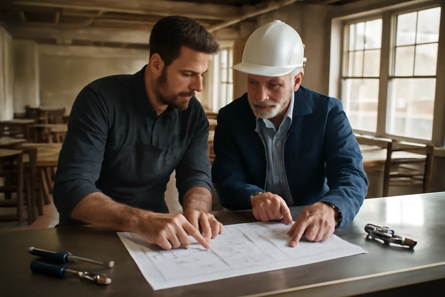 Restaurant owner and inspector reviewing floor plans before a liquor license opening