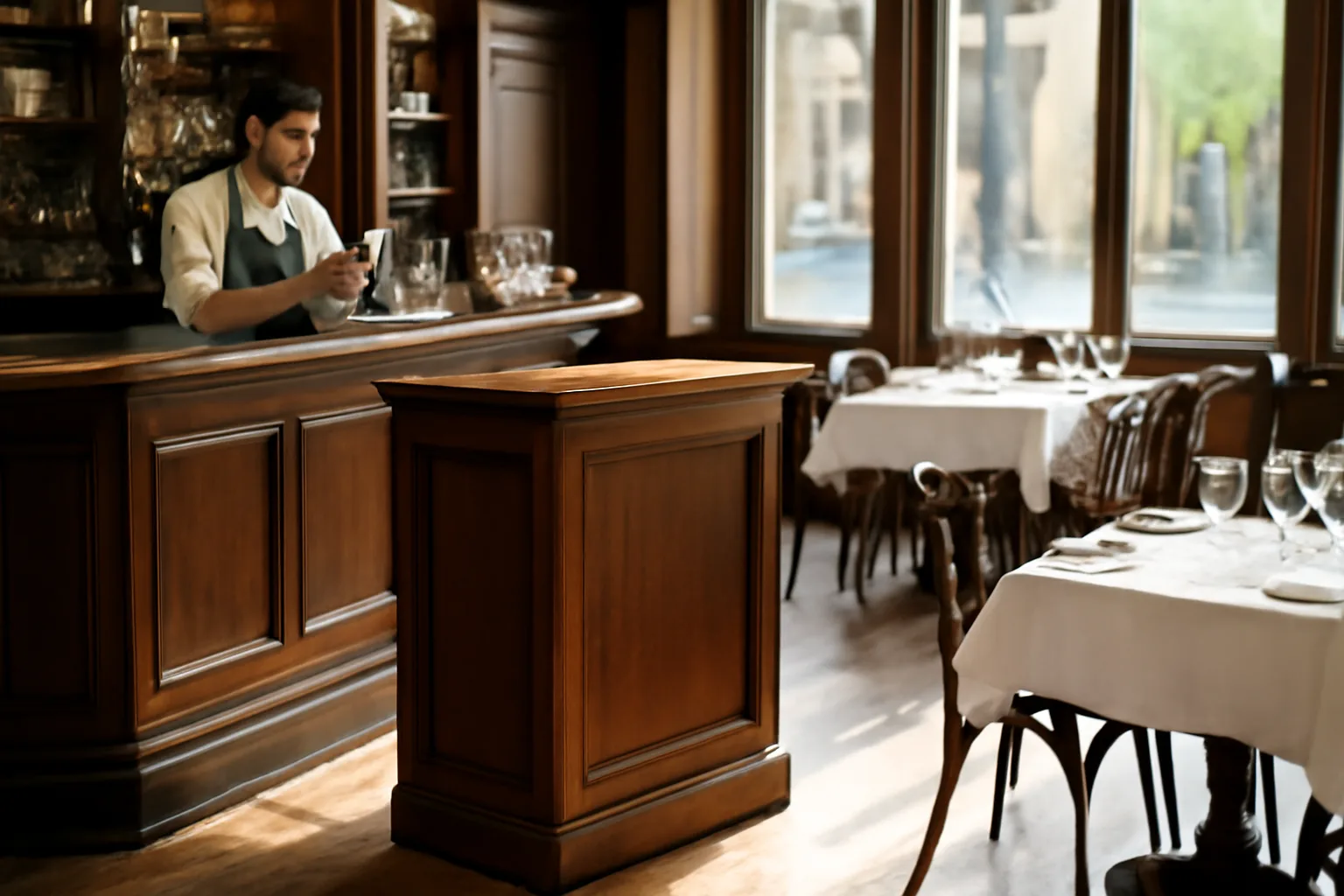 Bartender polishing a glass at a sunlit restaurant bar before opening
