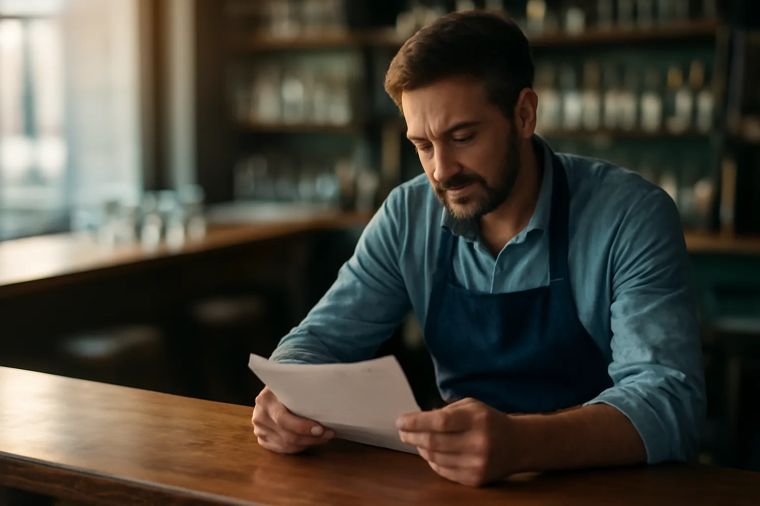 Restaurant owner reviewing liquor license application paperwork at empty bar counter