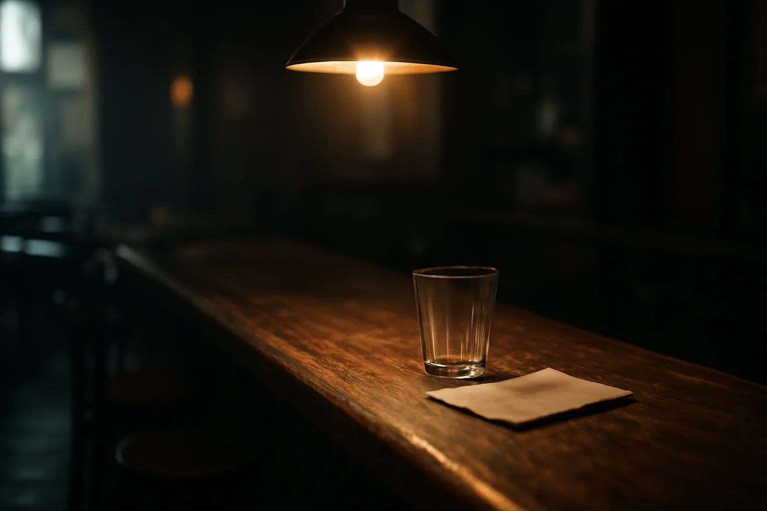 Empty bar counter at closing time with dim light, evoking a barred liquor license situation