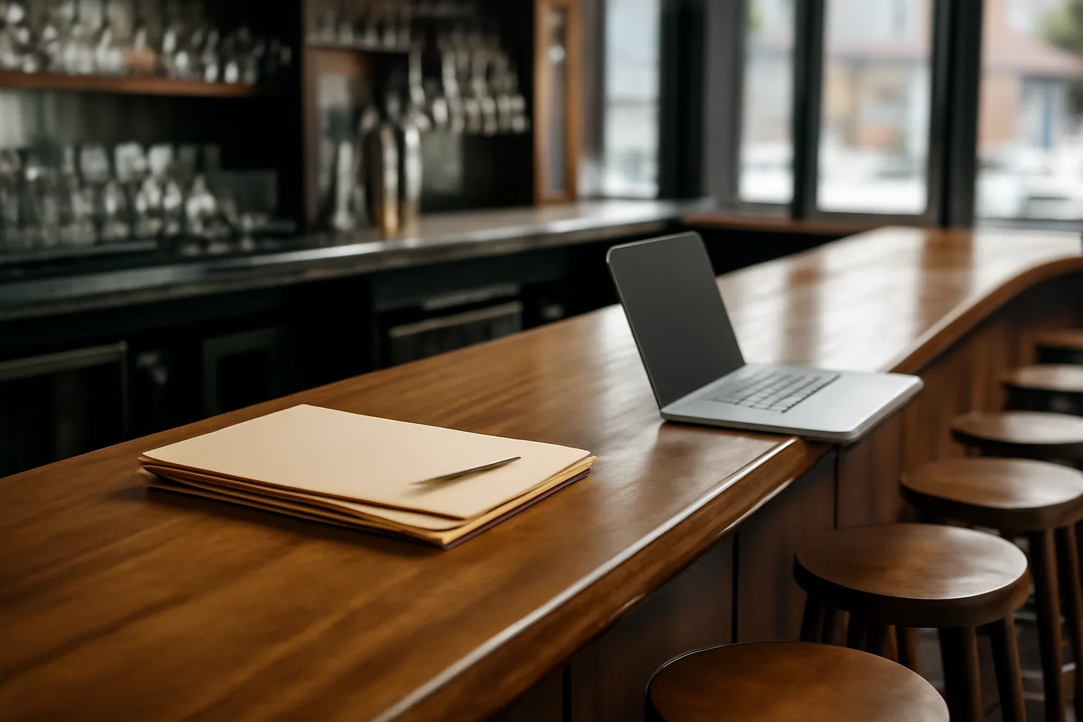 Empty bar counter before opening with paperwork folders, representing liquor license application prep