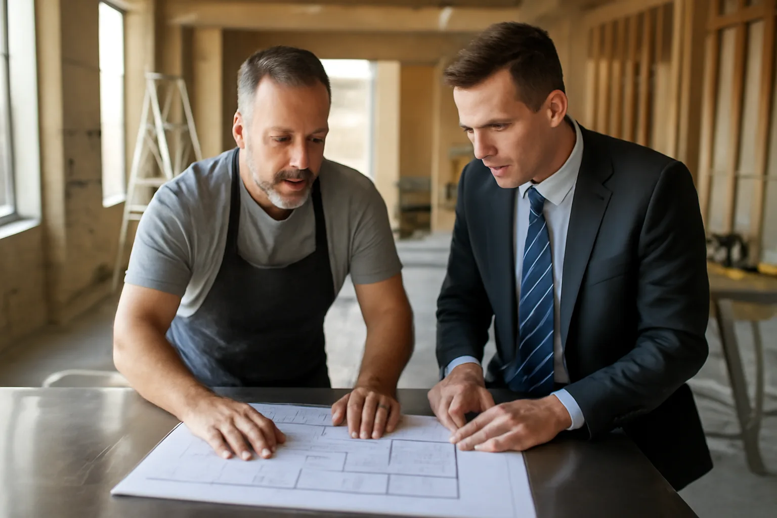 Restaurant owner and official reviewing floor plans for an alcoholic beverage control license