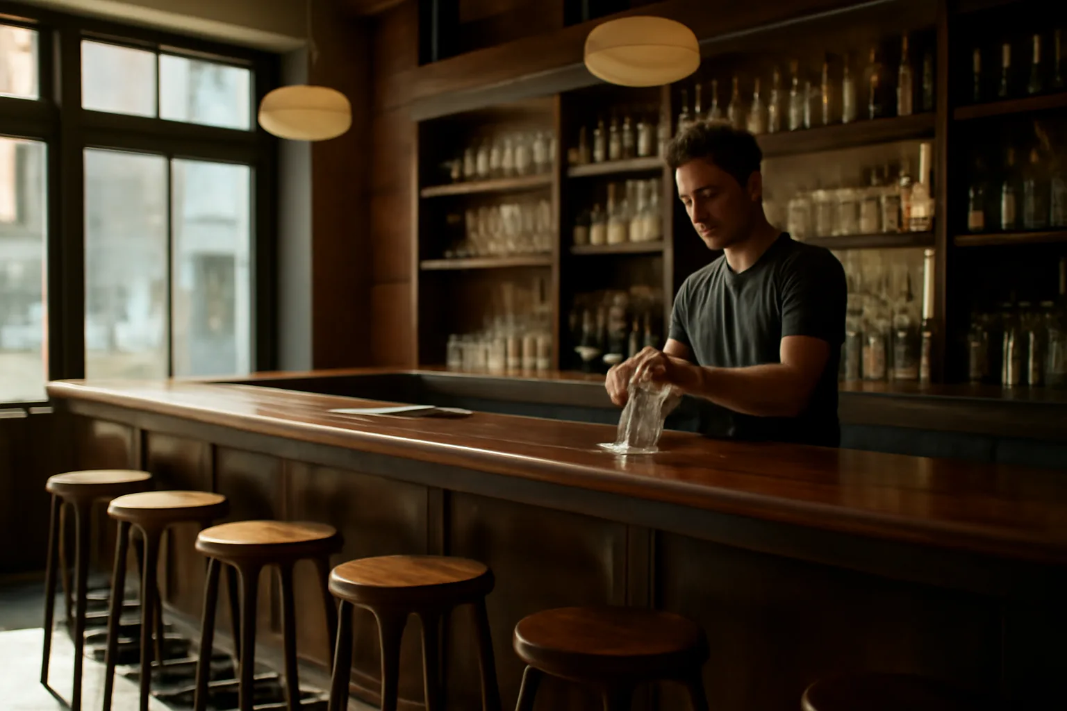 Empty bar interior in daylight representing a business awaiting its liquor license approval