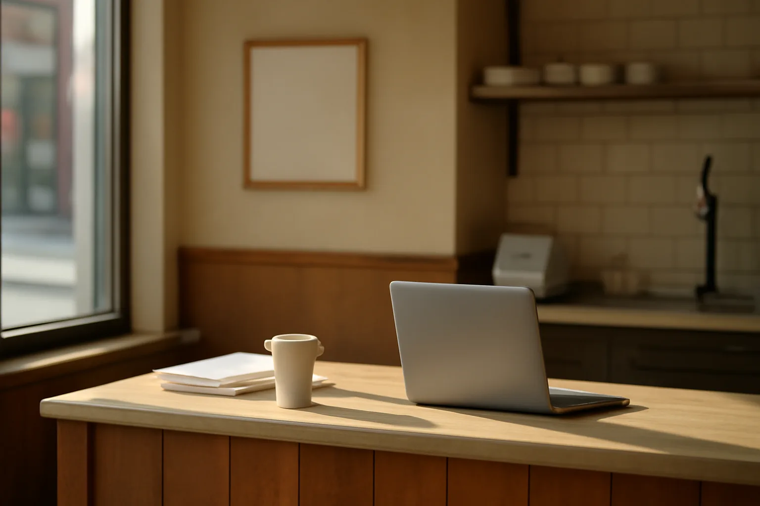 Restaurant counter with paperwork and laptop, representing the liquor license application process