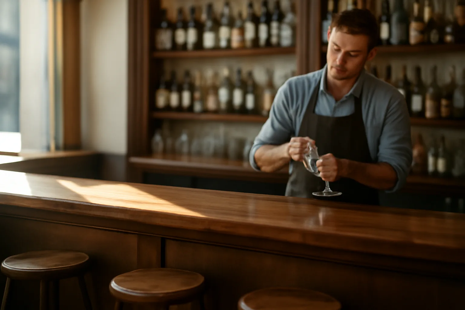 Bartender polishing a glass at an empty bar counter in daylight