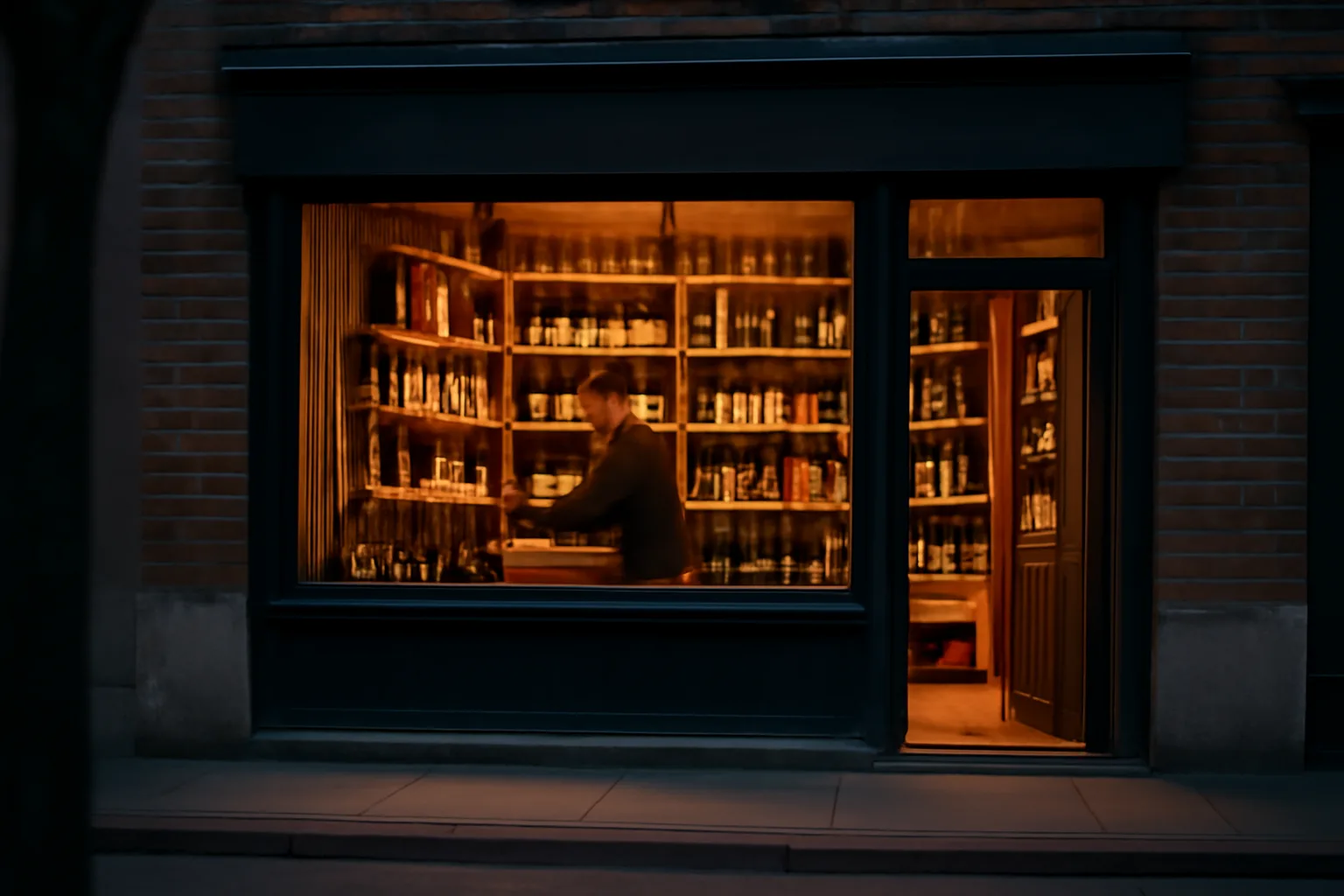 Independent liquor store storefront lit at dusk with owner arranging shelves inside