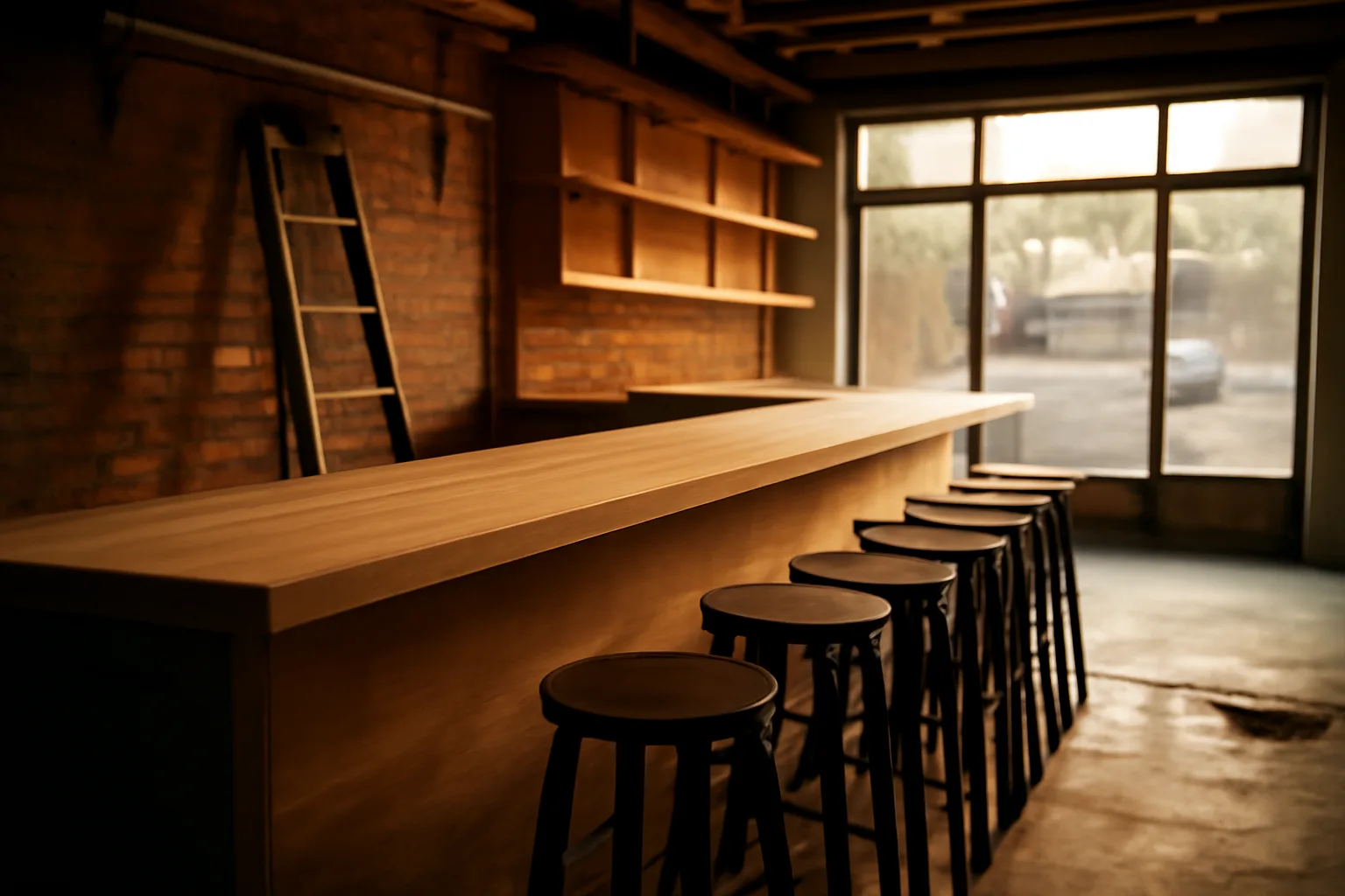 Empty new bar interior under renovation before opening with liquor license approval pending
