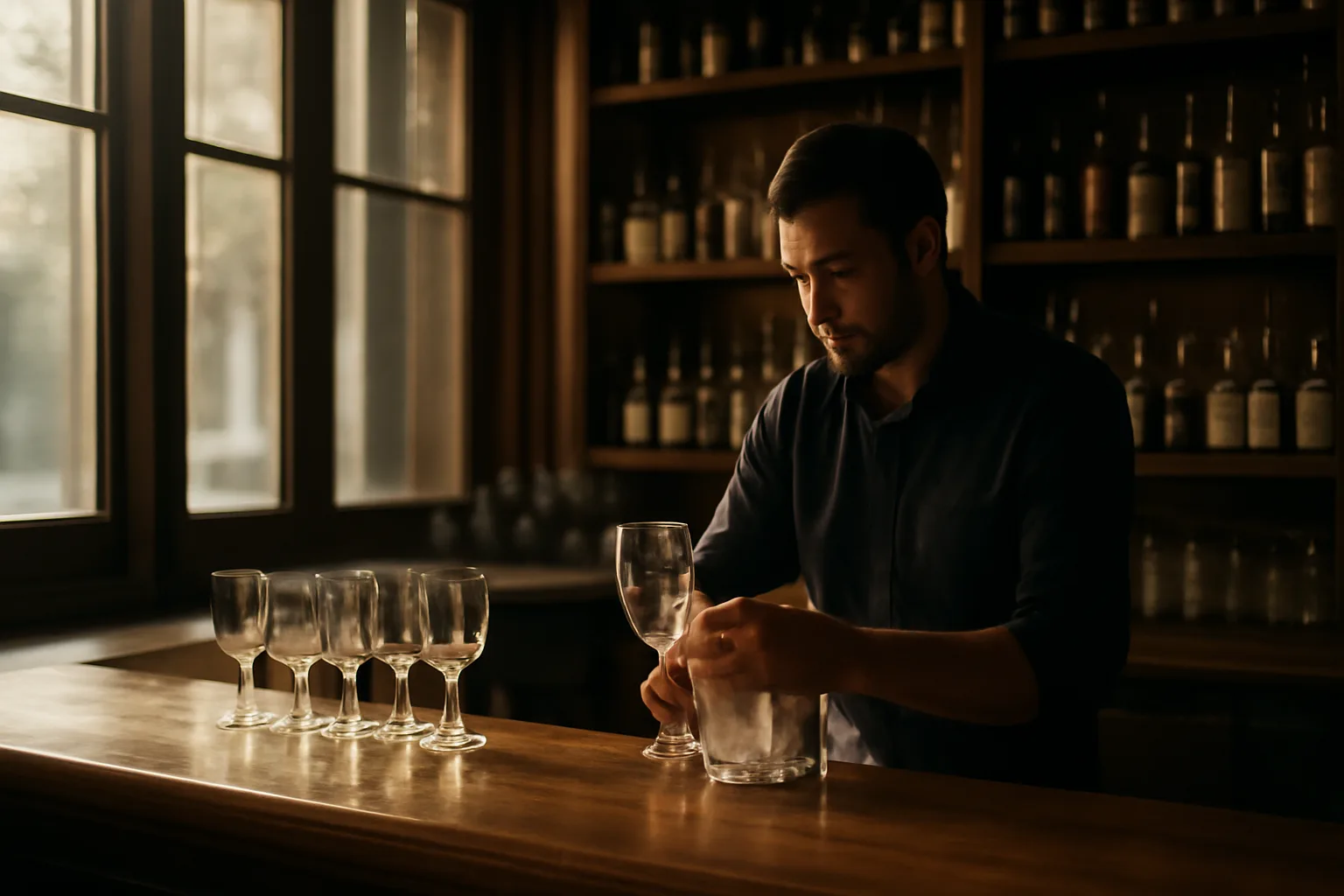 Bartender preparing an empty bar before opening, illustrating what licenses a new bar needs