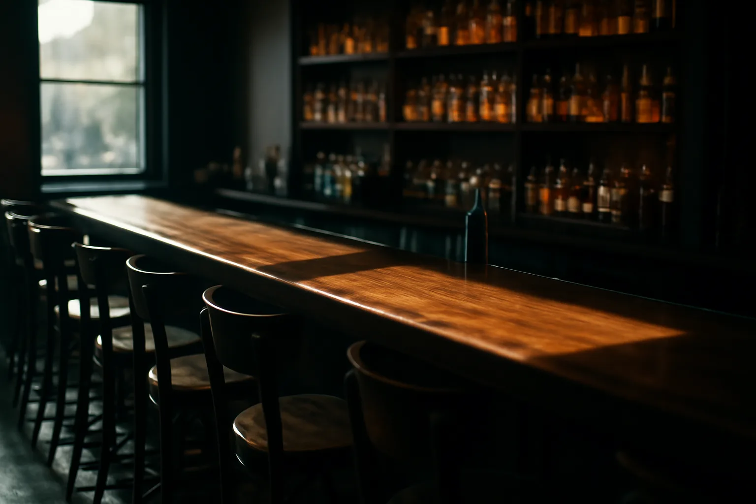 Empty bar counter with backlit liquor bottle shelves in afternoon light