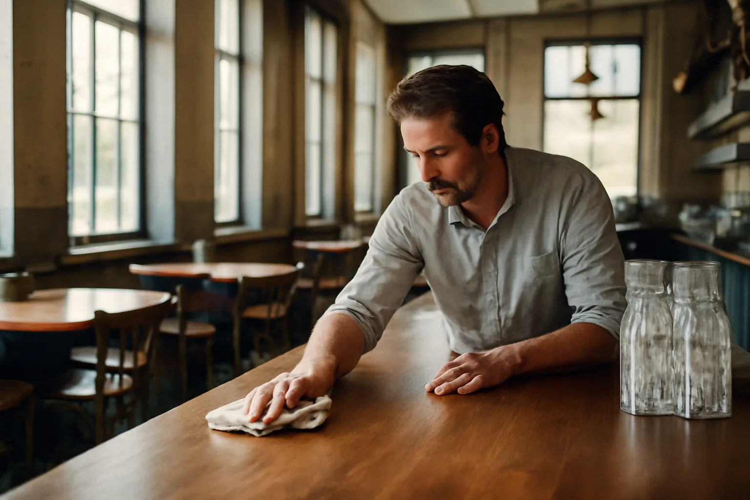 Restaurant owner cleaning an empty bar counter before opening under a new ABC license