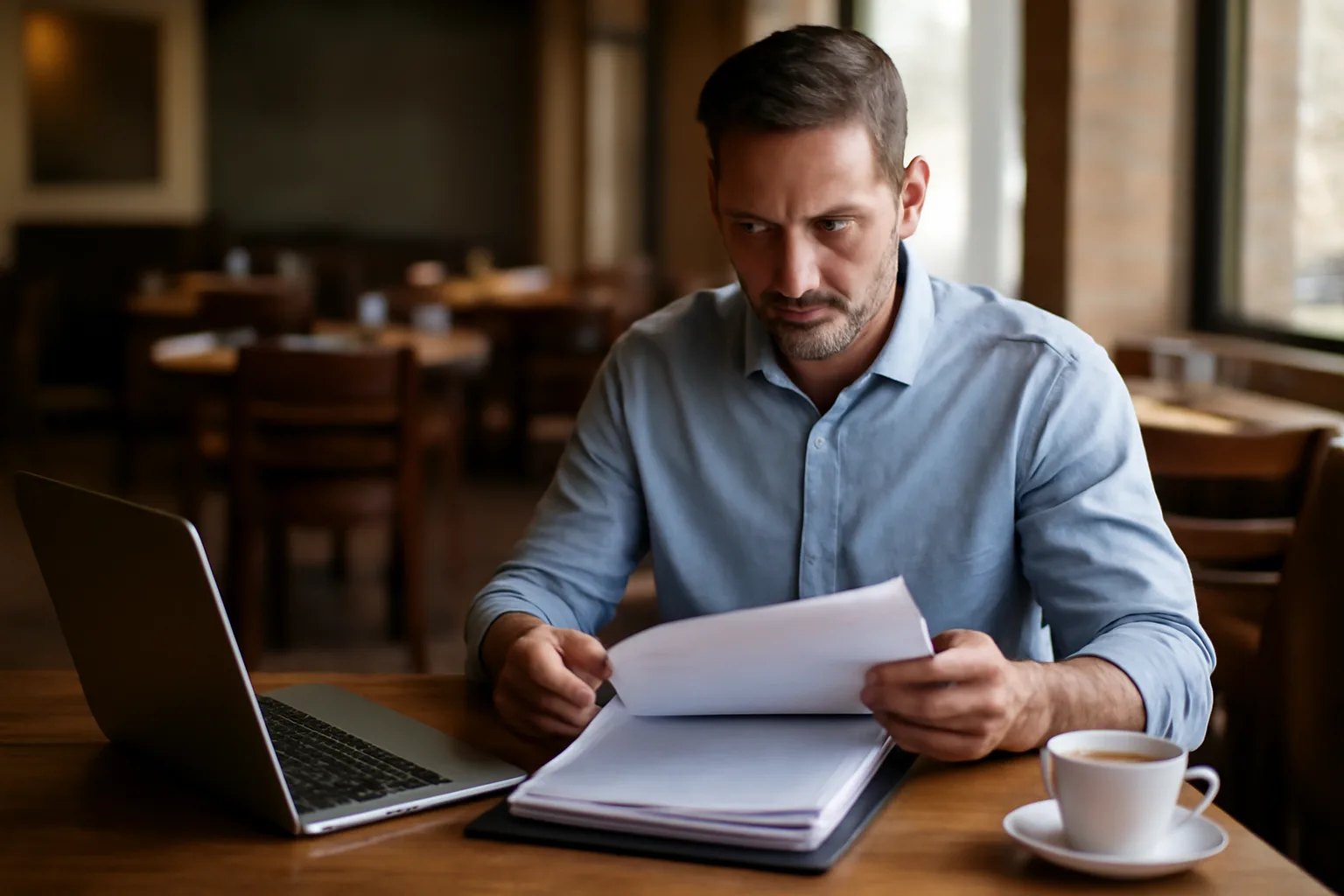 Restaurant owner reviewing paperwork at a table while researching where to get a liquor license