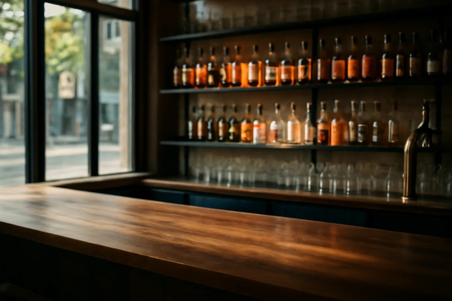 Empty restaurant bar counter with sunlight, representing where to get ABC license in TN