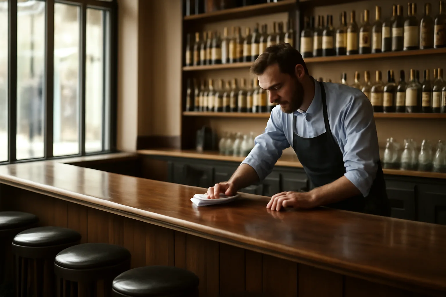 Bartender preparing an empty bar before opening, related to who licenses bars and restaurants