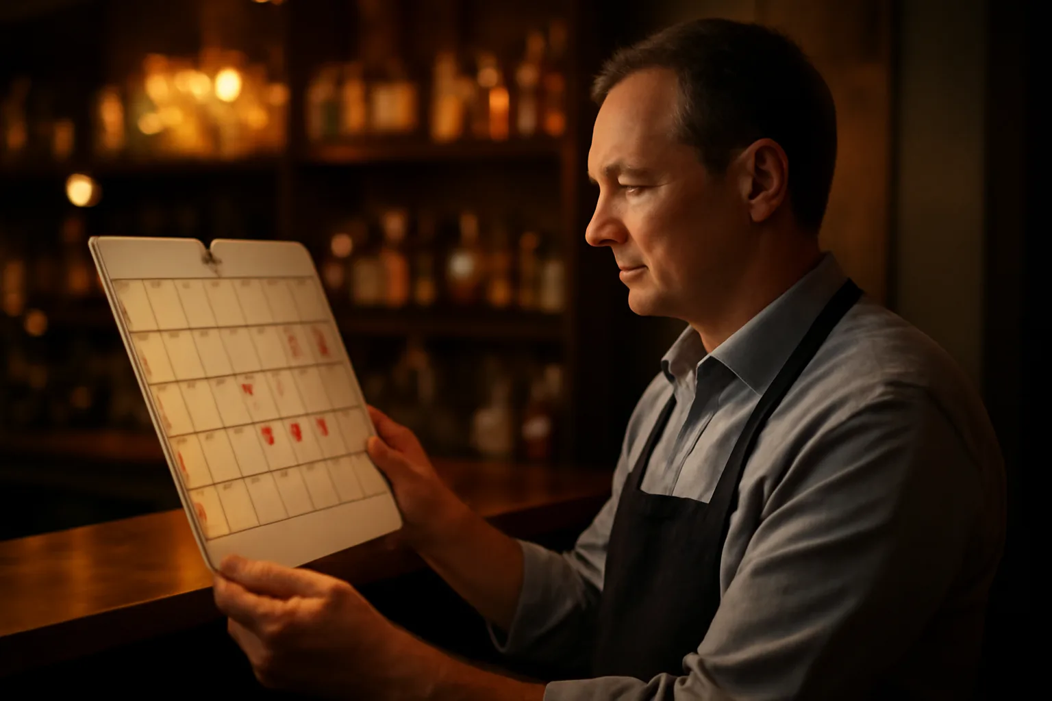 Restaurant manager checking a calendar of compliance deadlines near a bar