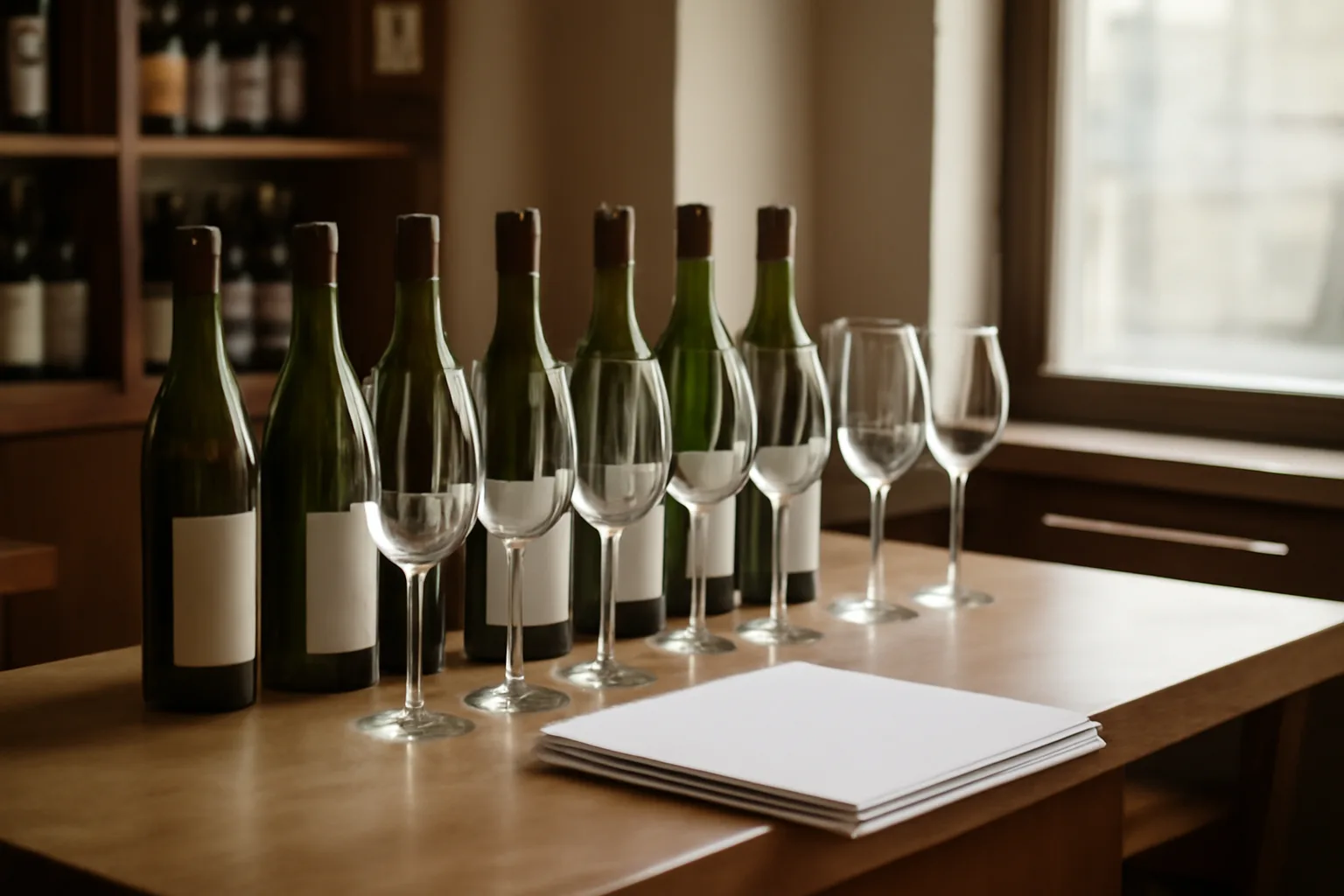 Restaurant wine bar counter with bottles and glasses during a licensing paperwork review