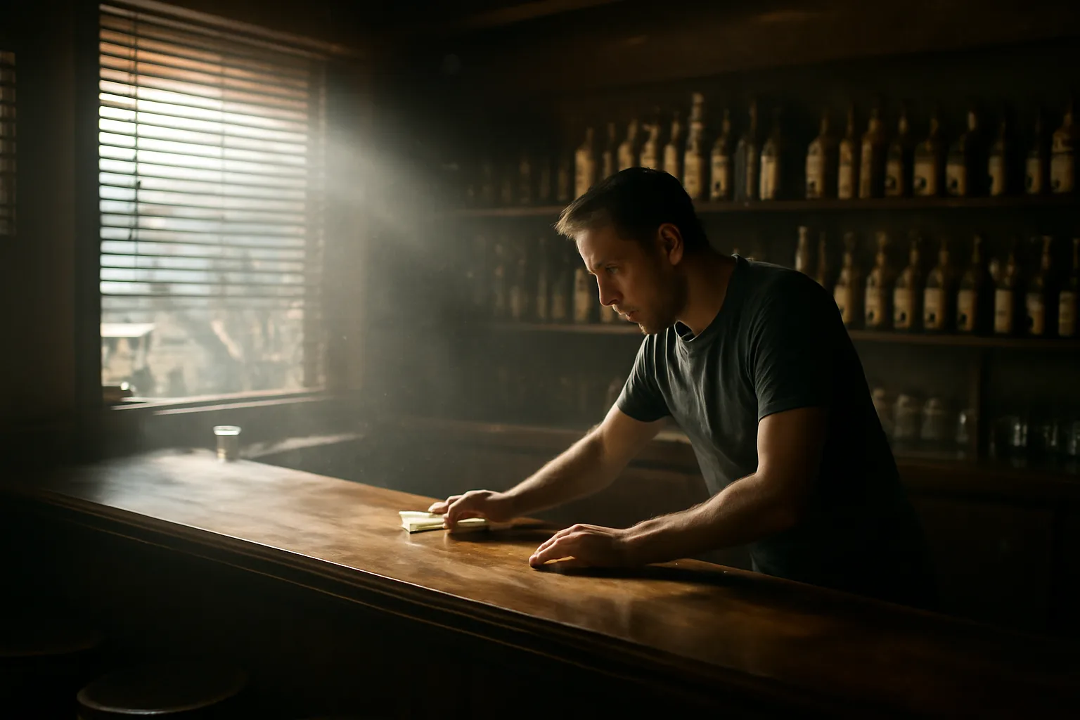 Empty bar interior with morning light on bottles, representing a bar for sale with liquor license