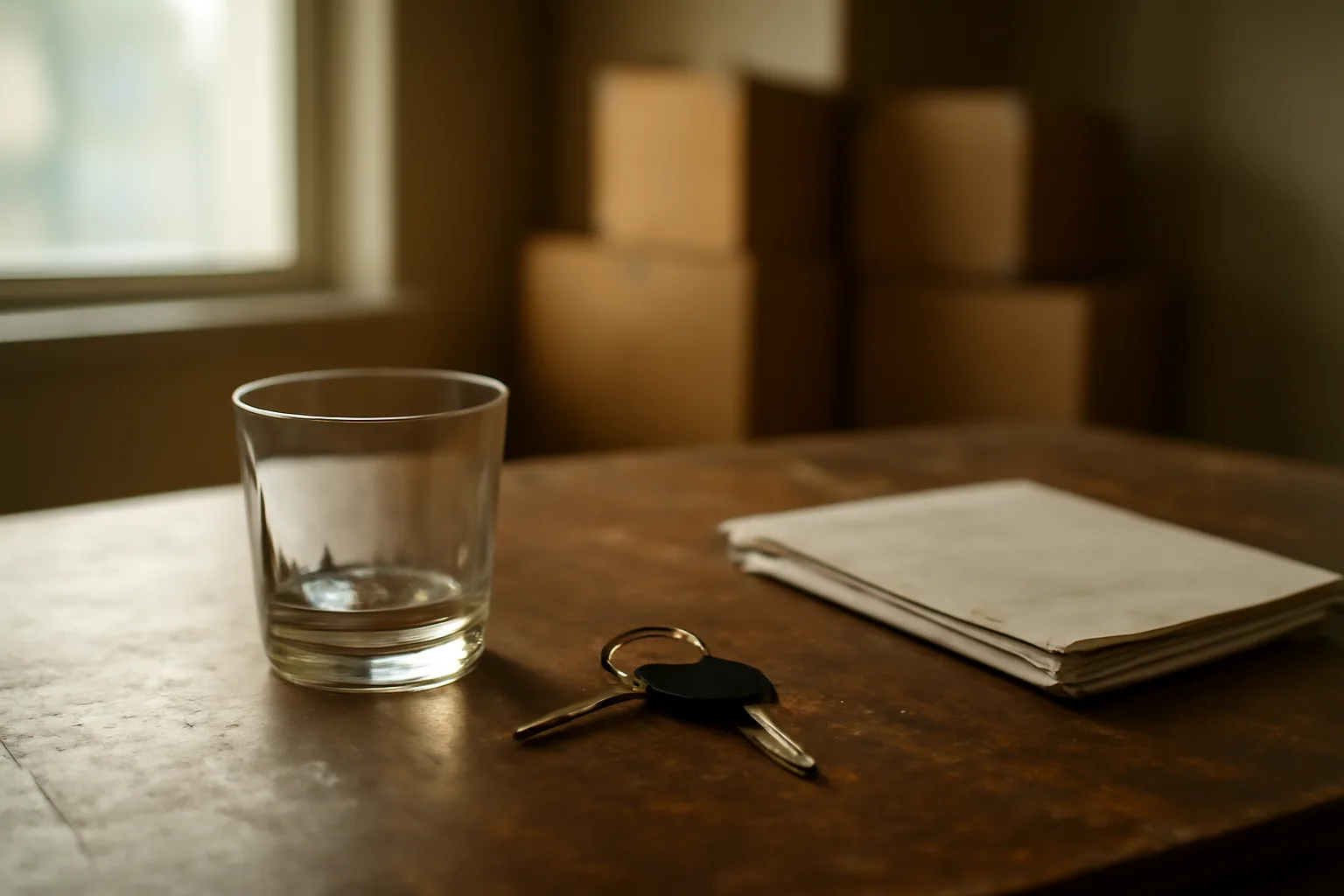 Empty bar counter with keys and documents suggesting a bar owner relocating to a new state