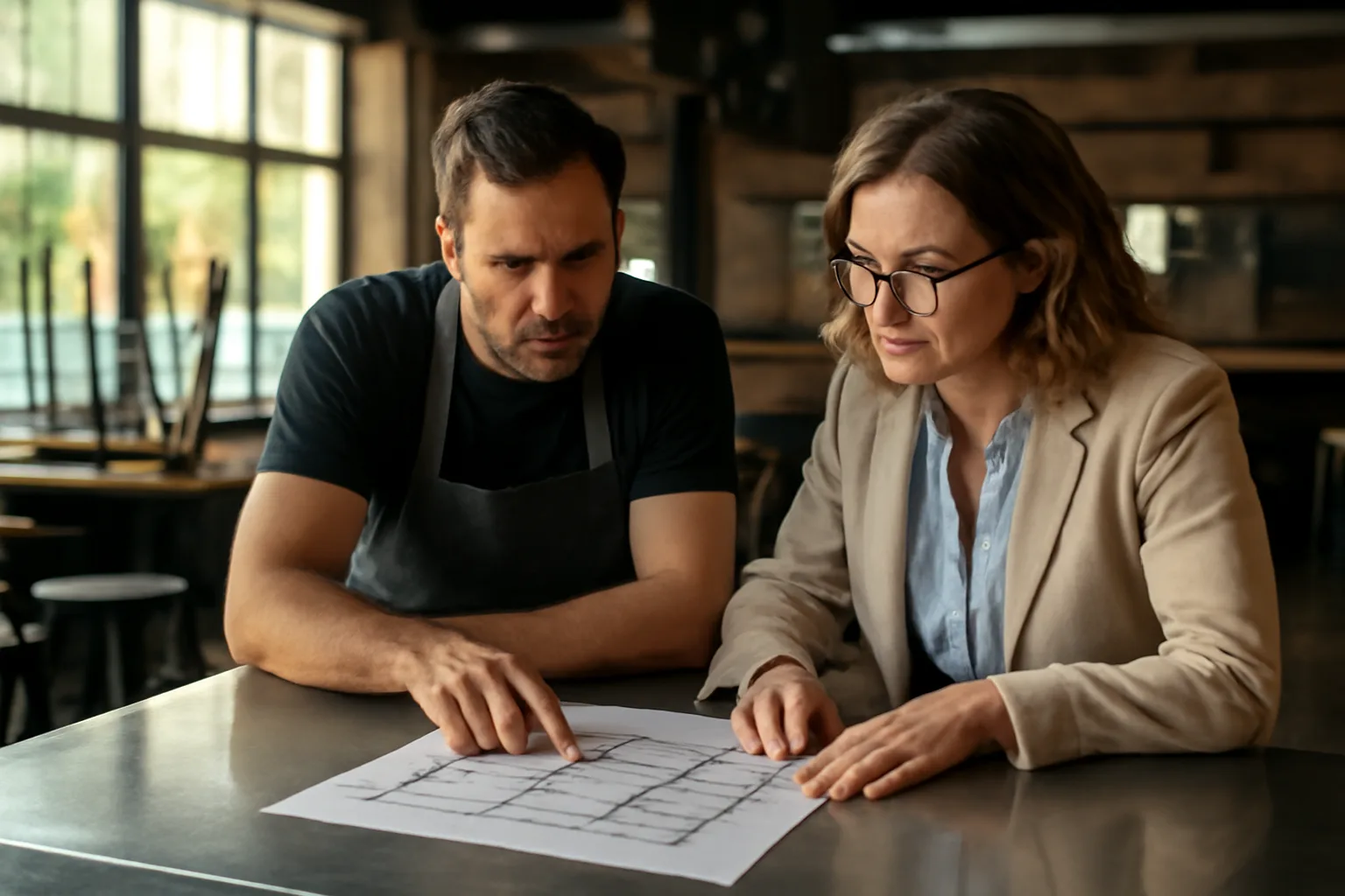 Restaurant owner and inspector reviewing floor plan during liquor license transfer process