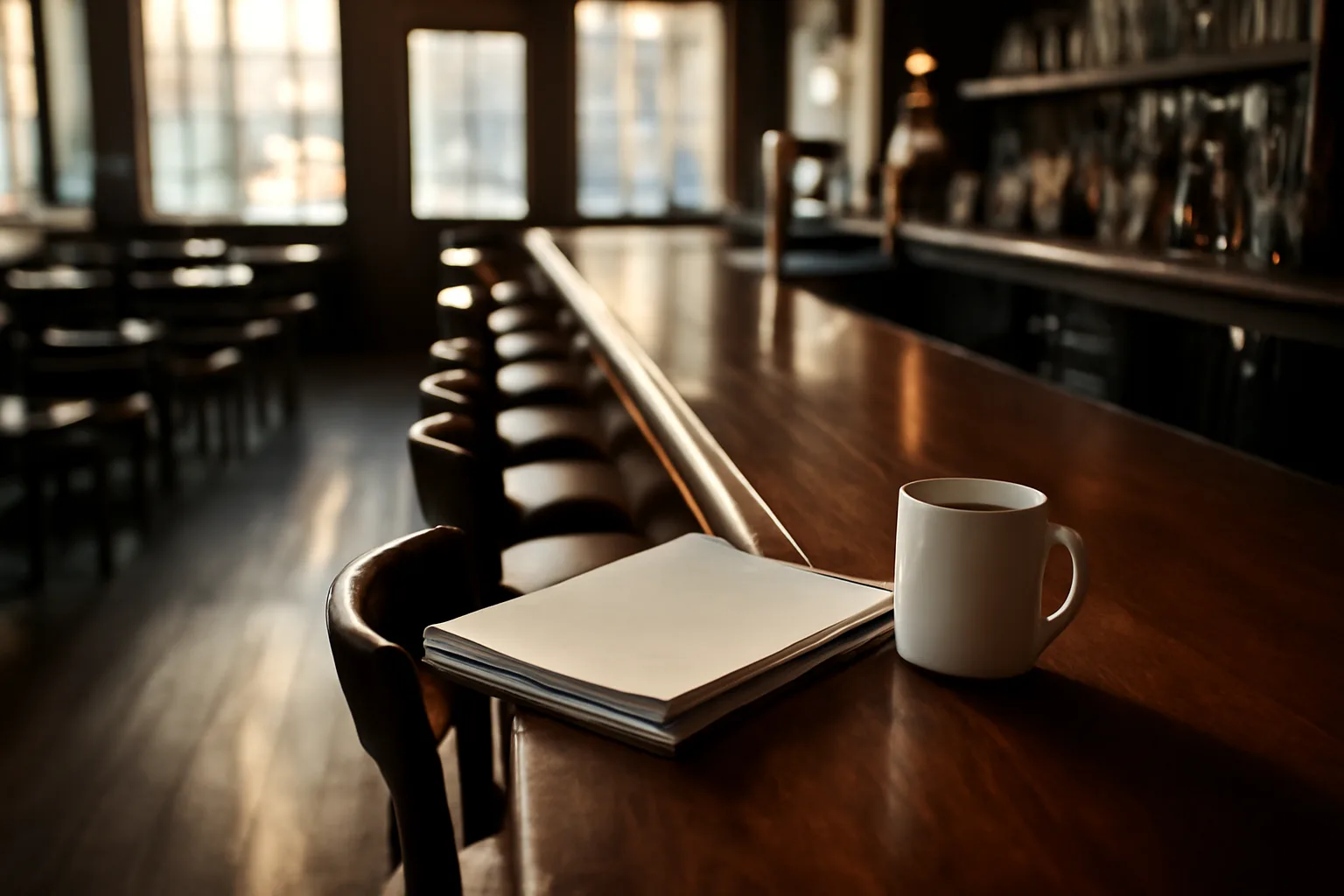 Empty restaurant bar counter with documents, symbolizing California ABC license transfer preparation