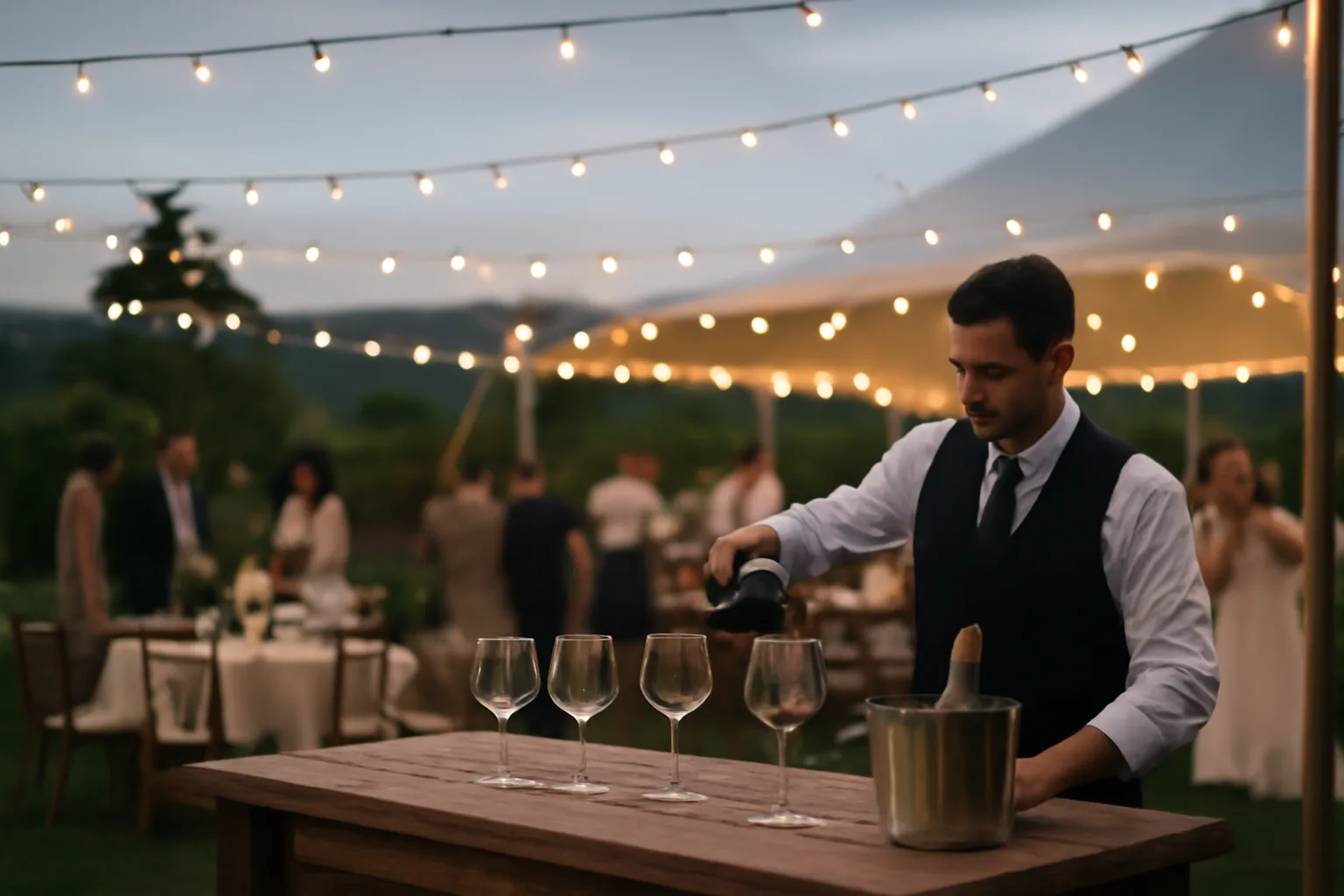 Bartender pouring wine at an outdoor Virginia event under string lights