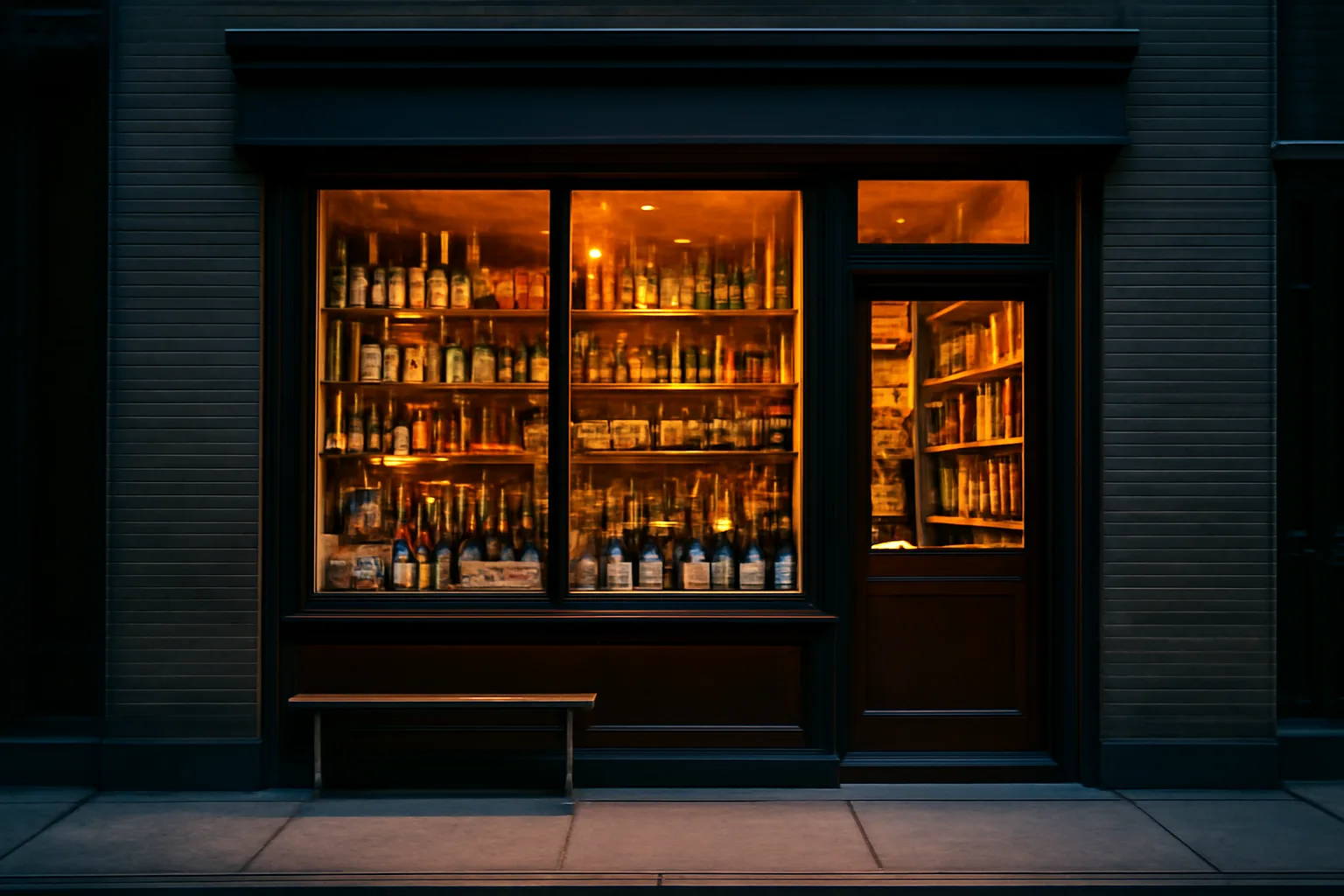 Independent wine and liquor storefront lit at dusk with bottles visible inside