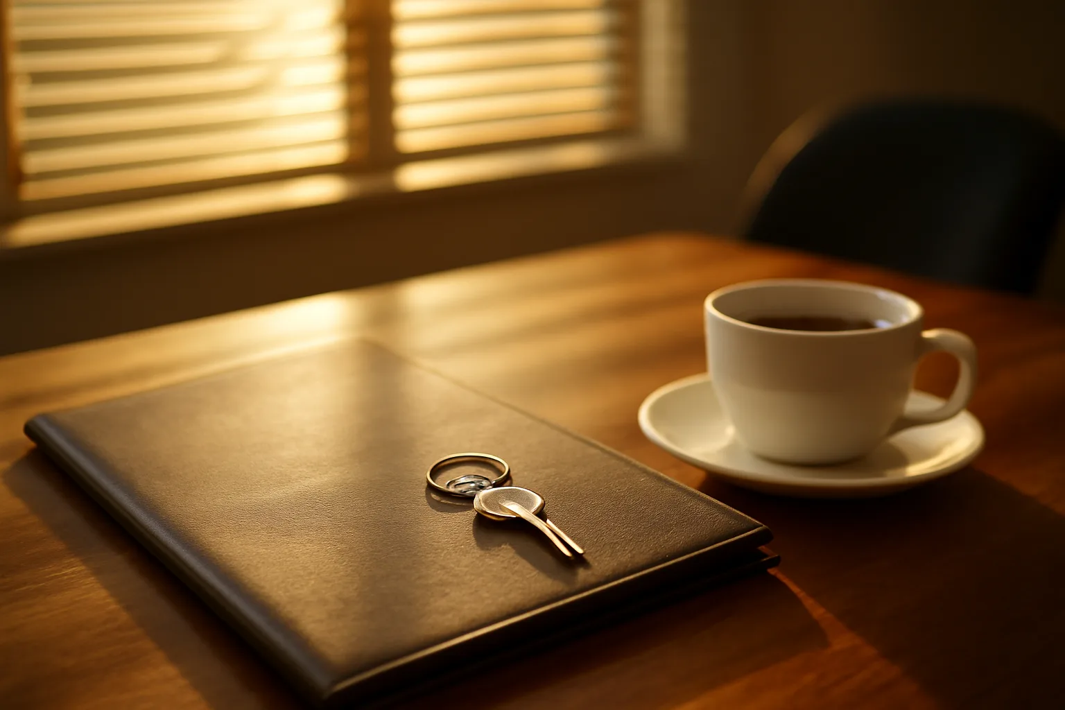 Desk with lease folder and keys representing liquor license paperwork planning
