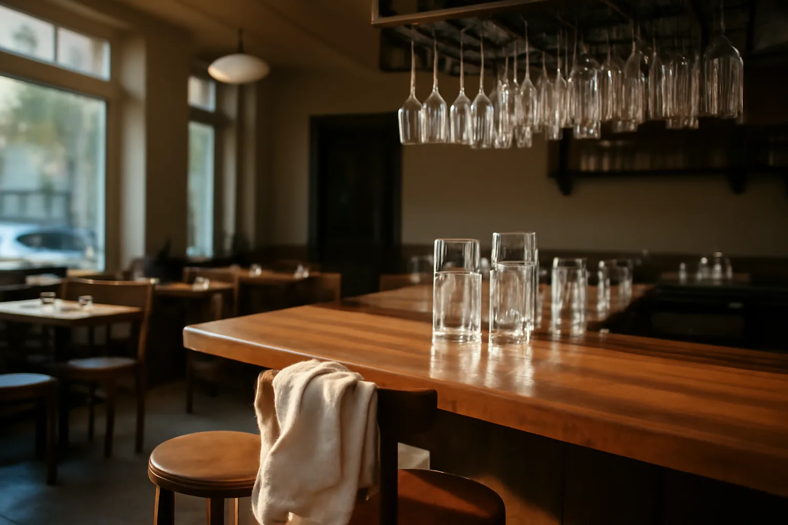 Empty restaurant bar before opening, representing the alcohol beverage control licensing process