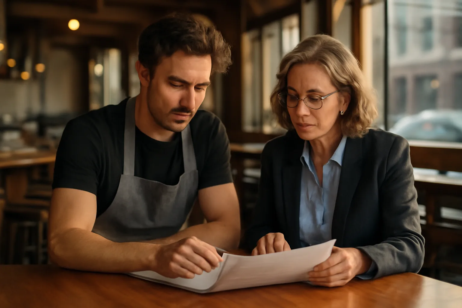 Restaurant owner reviewing liquor license application paperwork at a government office counter