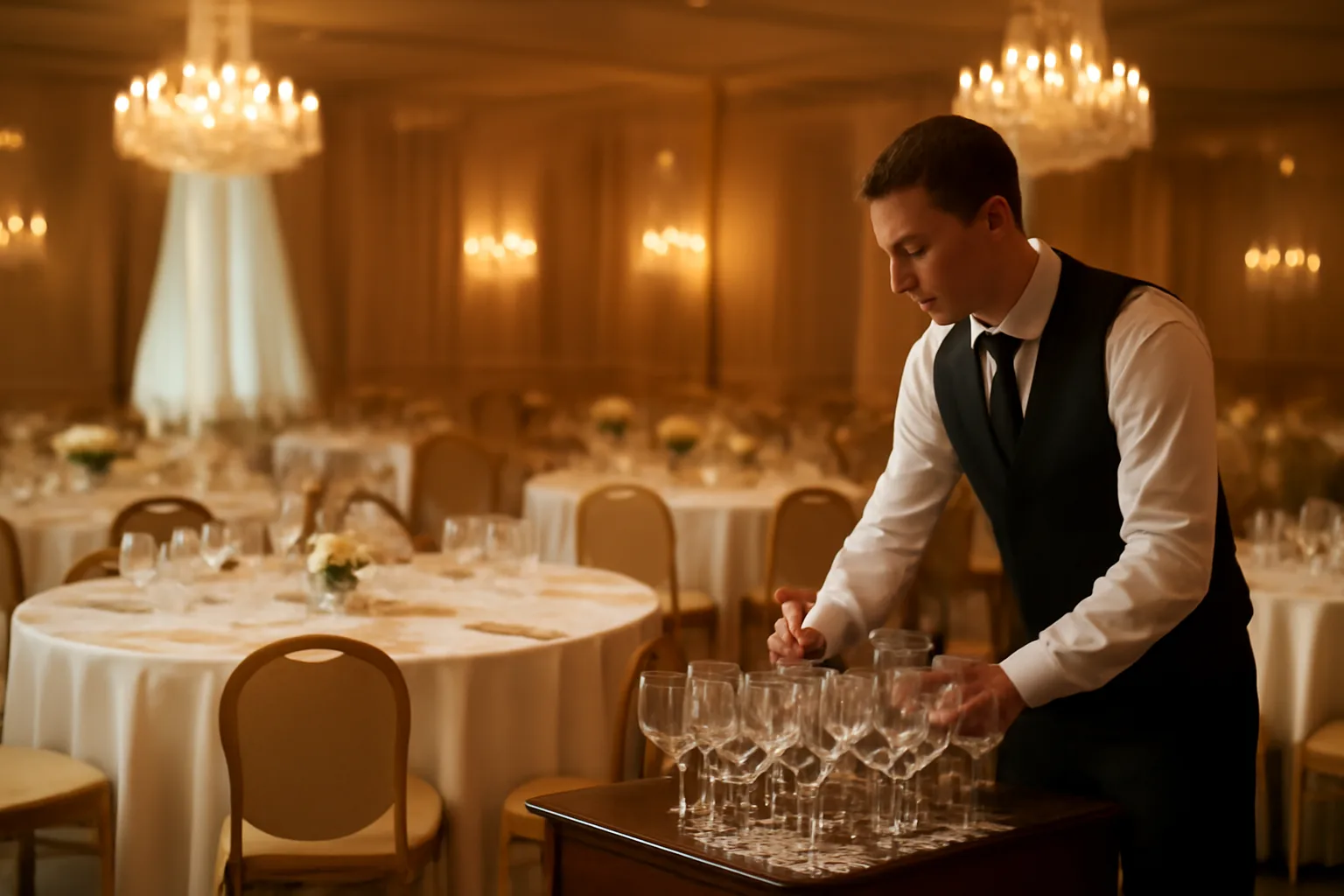 Caterer setting up a wine service station at a private banquet event