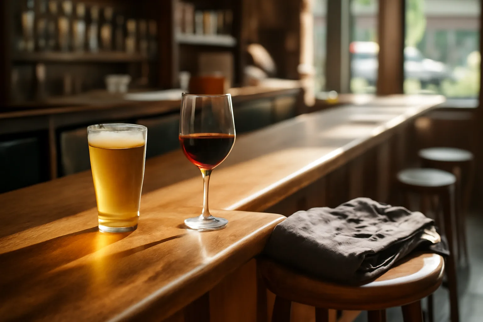 Restaurant bar counter with beer and wine glasses in natural daylight, no signage