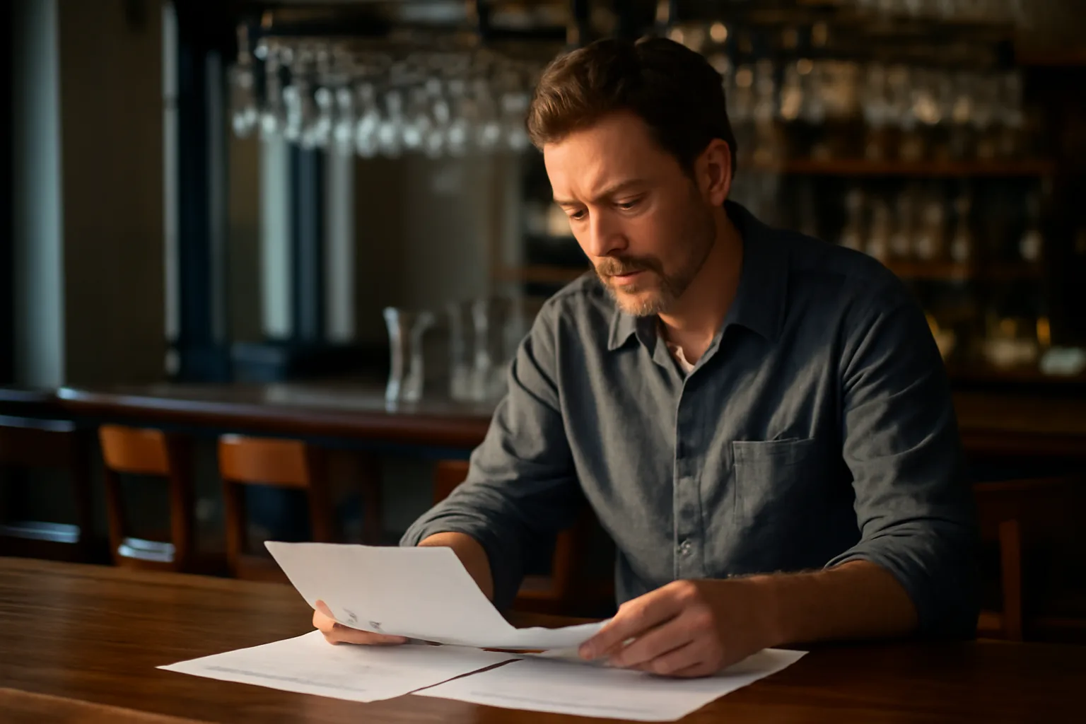 Restaurant owner reviewing license paperwork at an empty bar counter