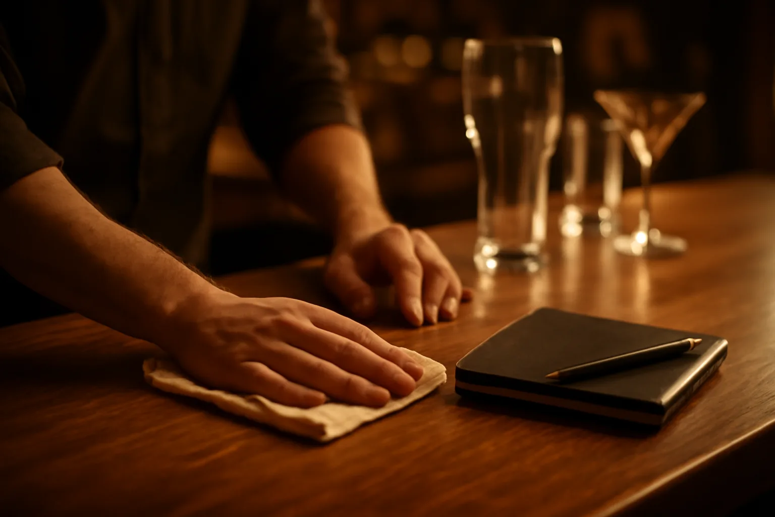 Bartender wiping down a bar counter near training materials before opening shift